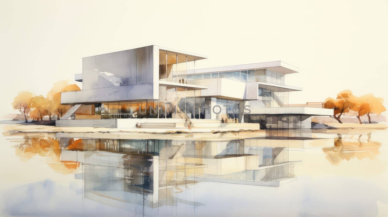 Art gallery building watercolor illustration - Generative AI. Art, gallery, building, reflection.