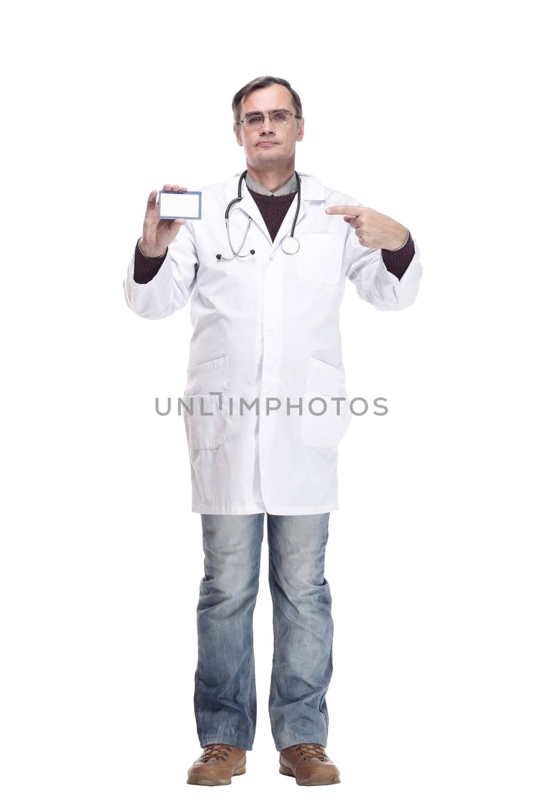 full-length. qualified doctor showing his visiting card. isolated on a white background.