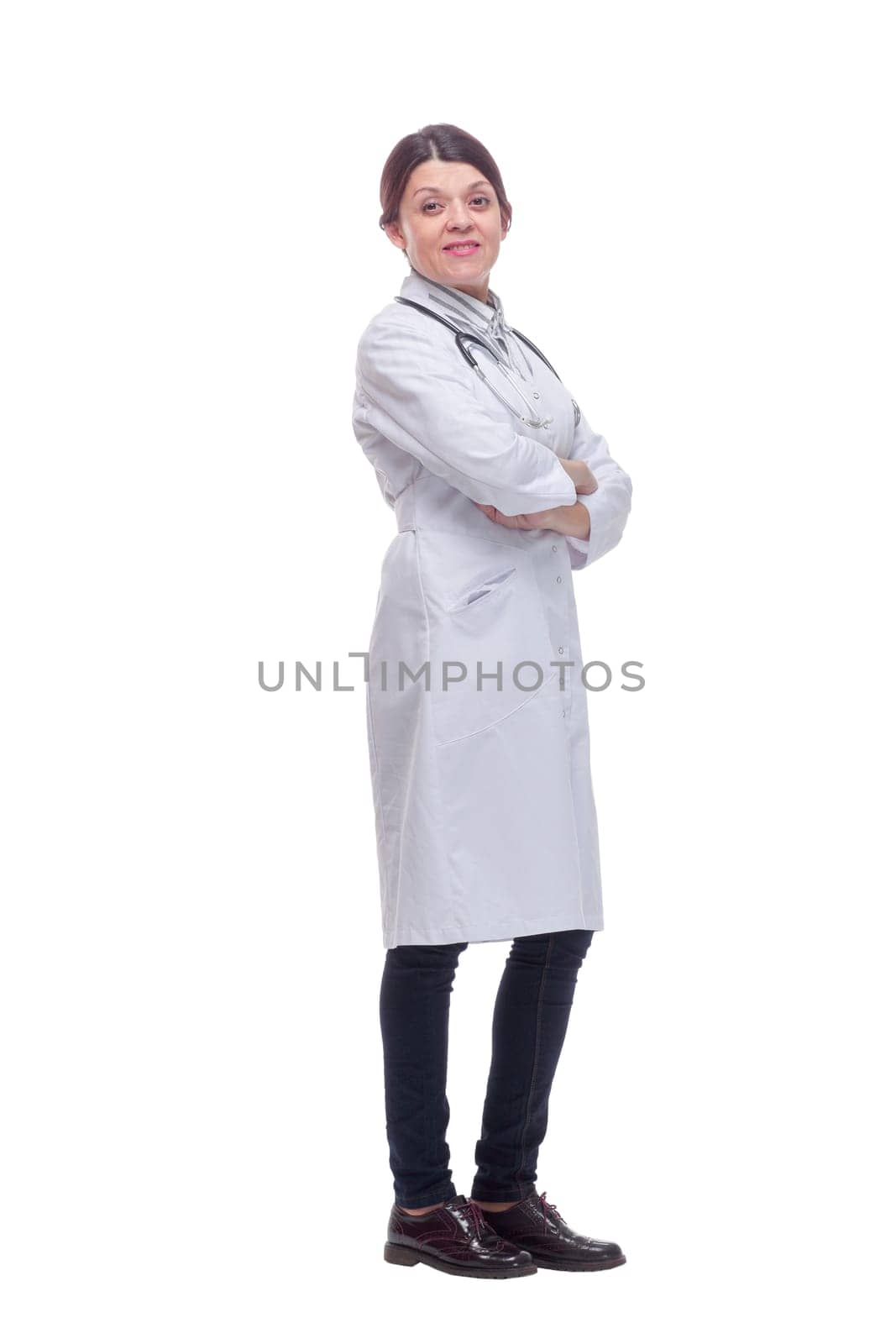 Female doctor full body side view on white background with stethoscope