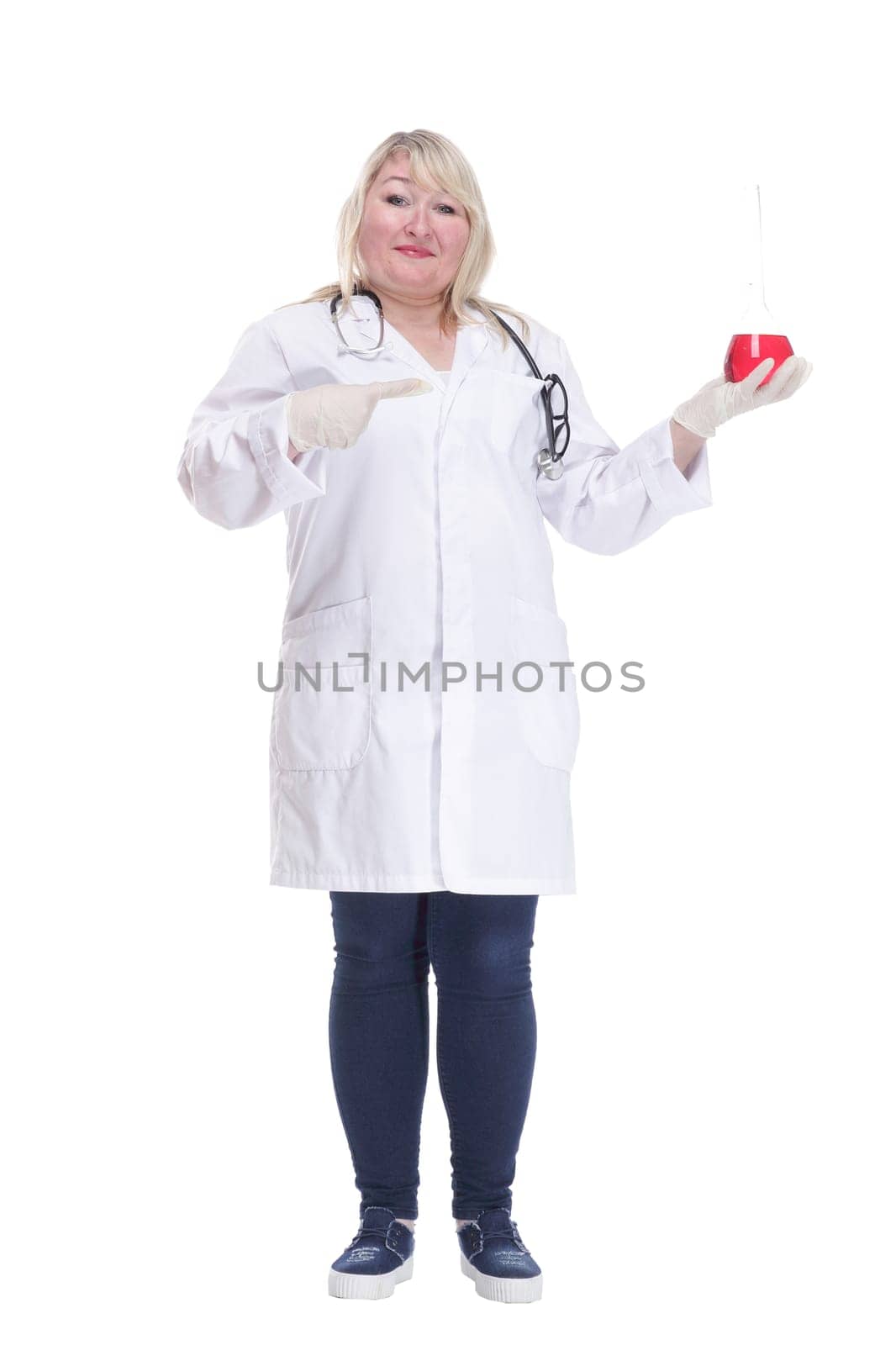 female doctor in a lab coat with a laboratory flask . by asdf