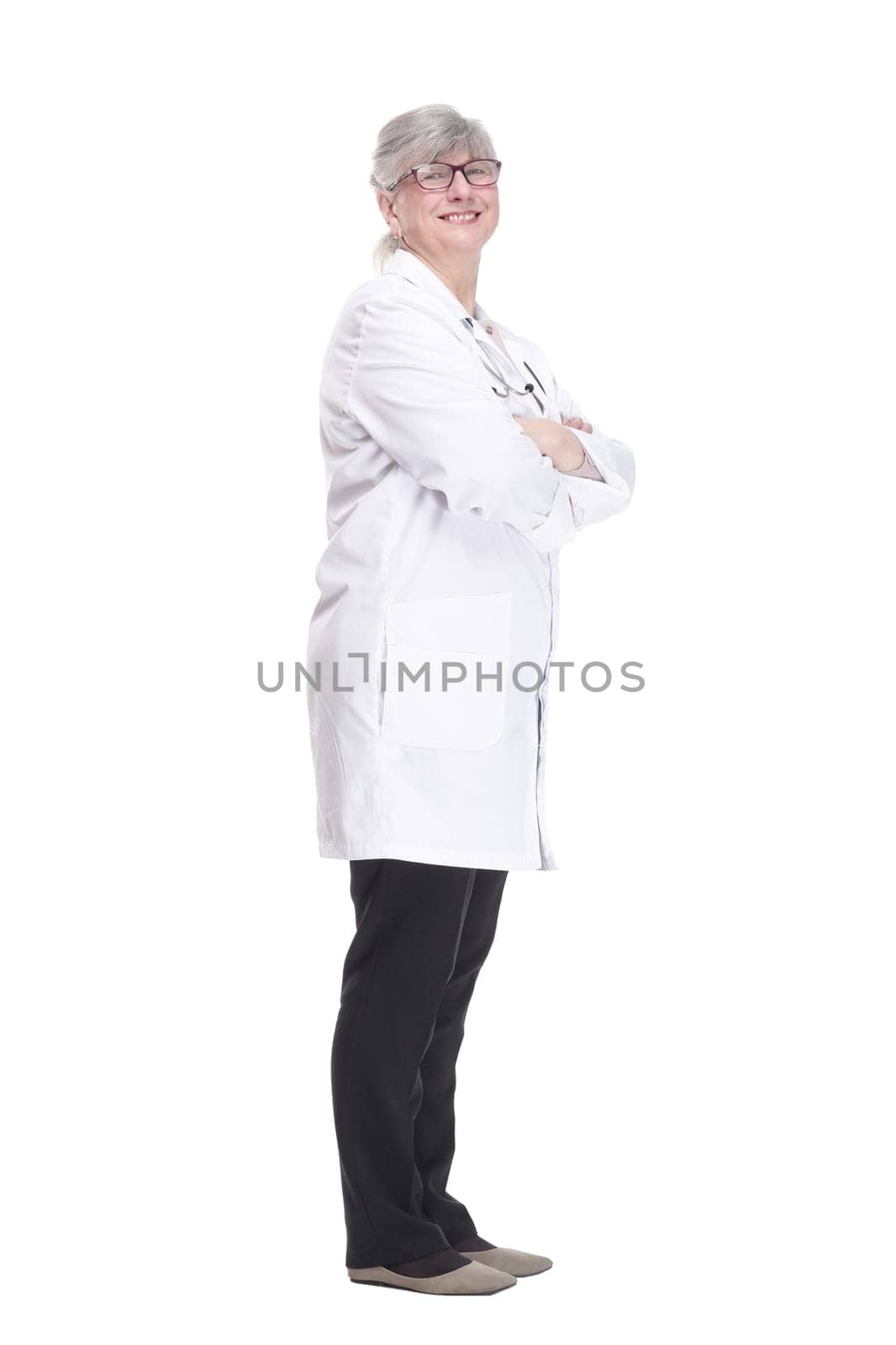 smiling woman doctor reading an ad on a white screen. by asdf