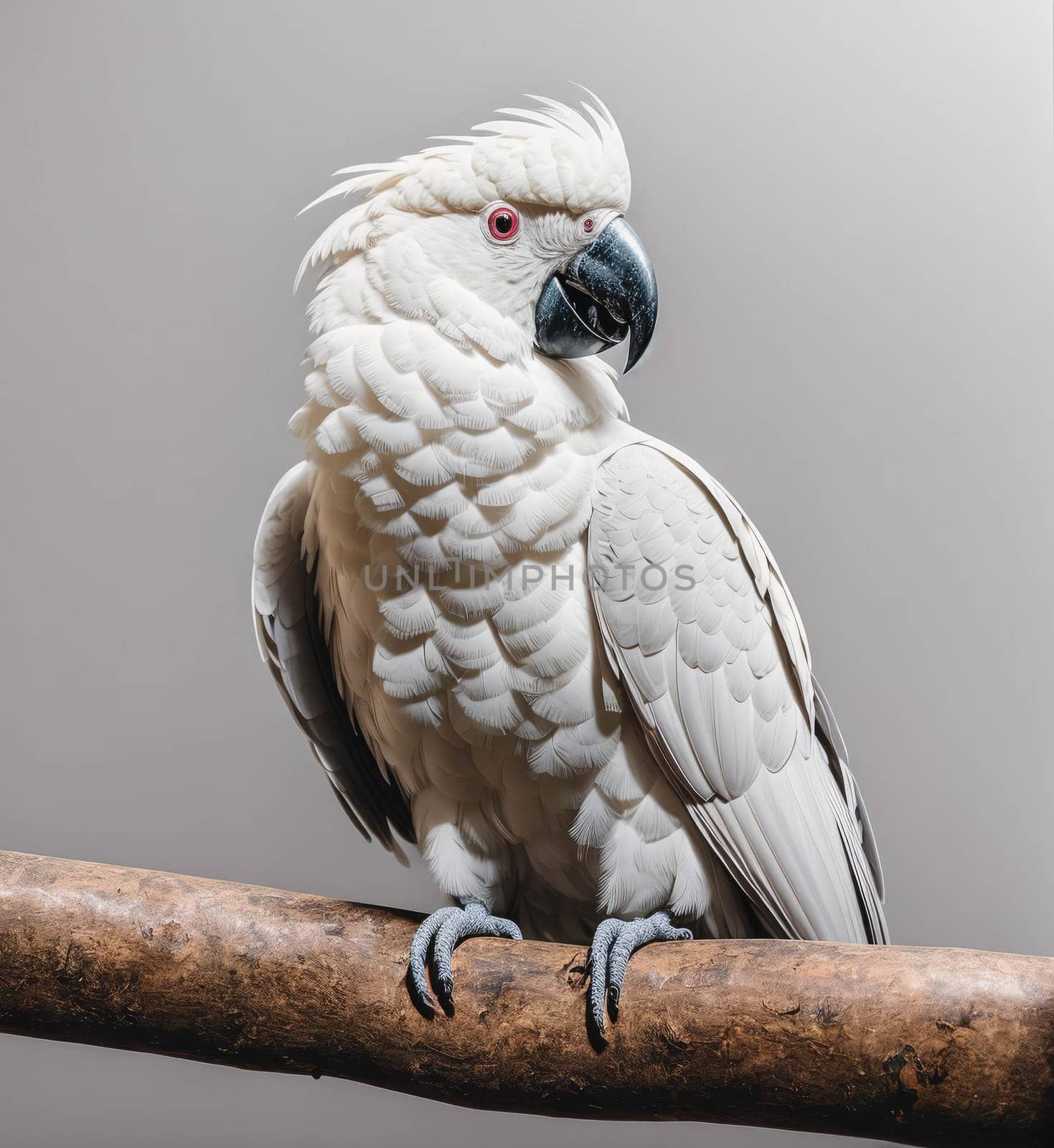 A white parrot is perched on a branch. The bird has a red beak and is looking to the right