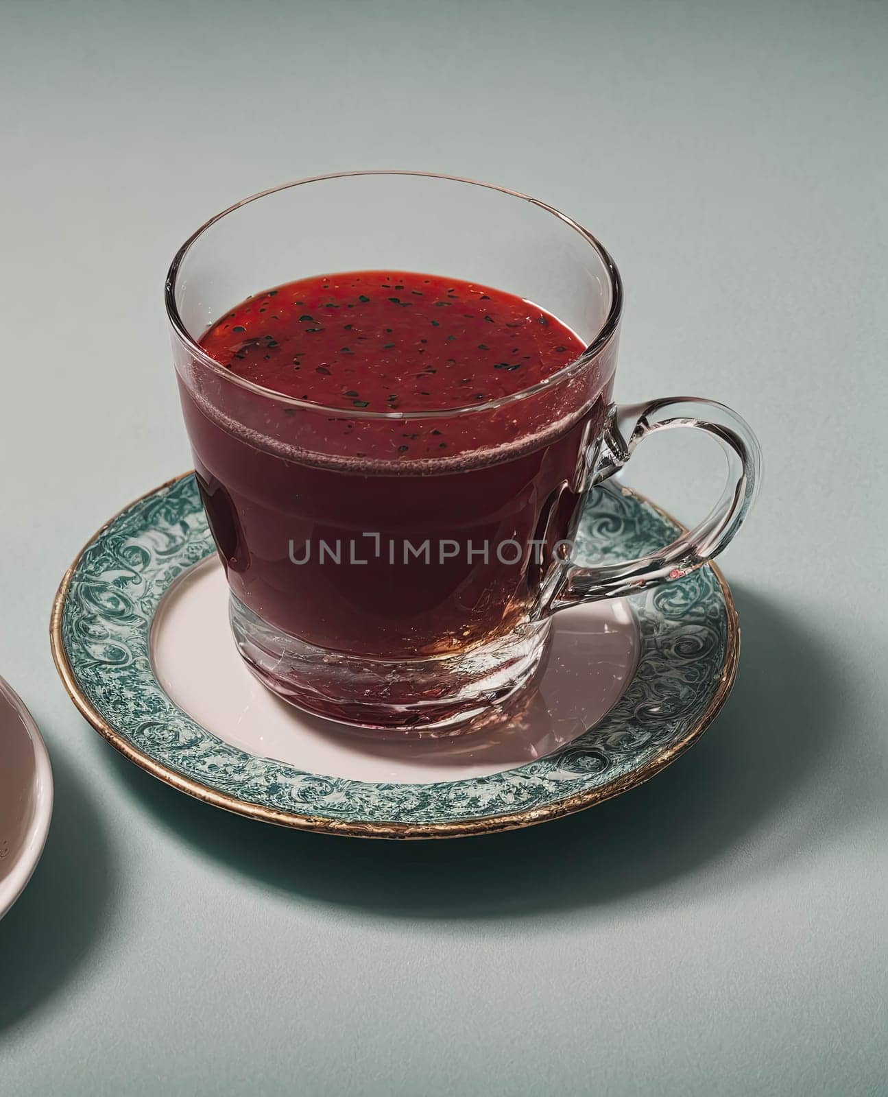 A cup of red liquid sits on a green plate. The cup is half full and the liquid is a deep red color. The plate is decorated with a floral pattern