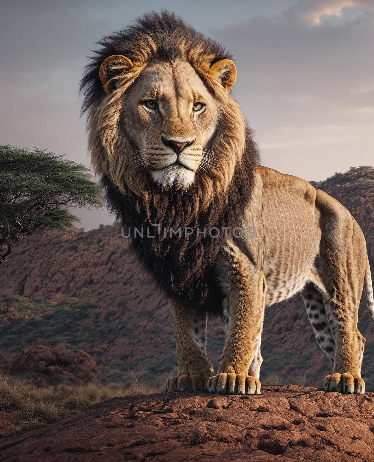 A lion stands on a rocky hillside, looking out over the landscape. Concept of strength and power, as the lion is the king of the jungle