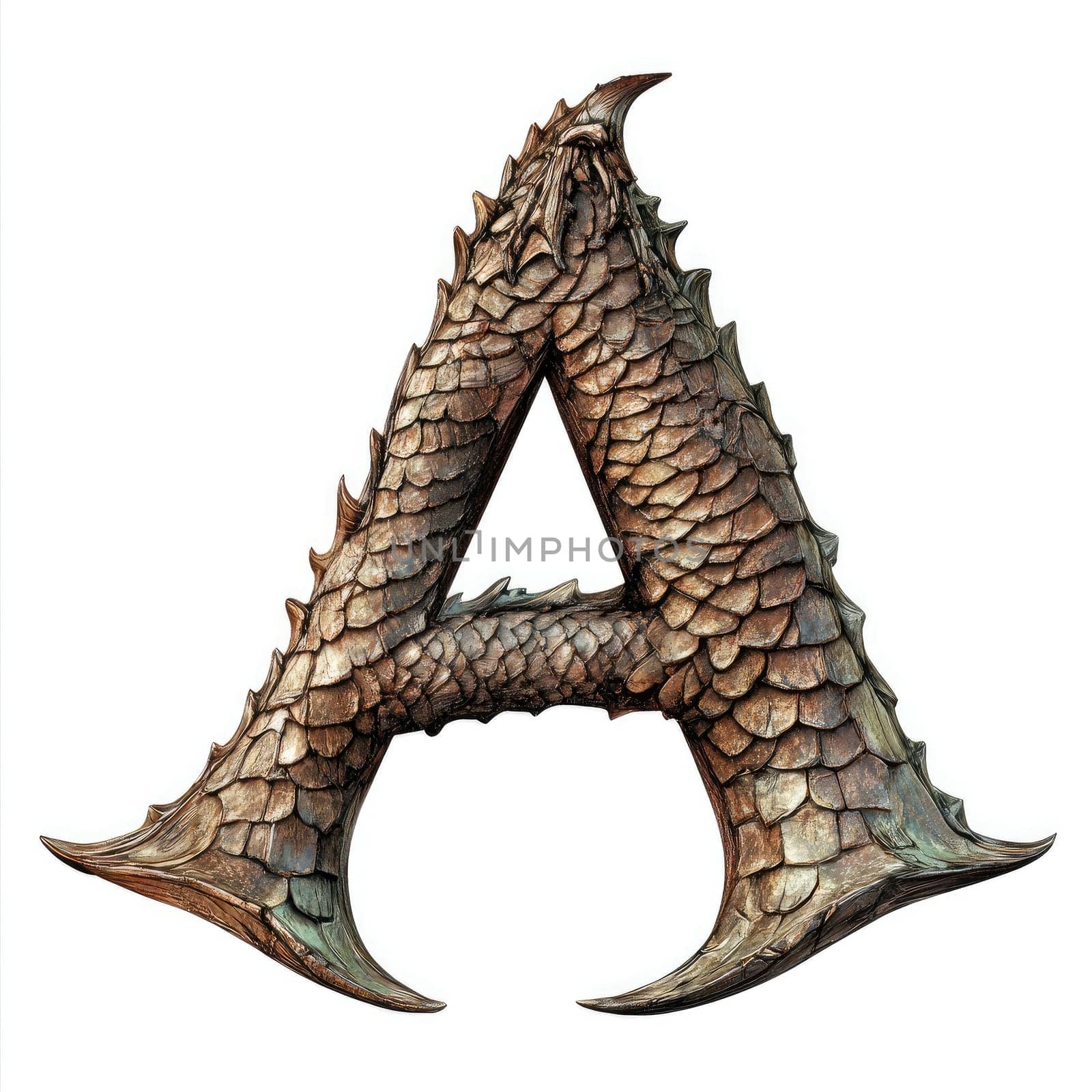 A detailed letter A covered in dragon-like scales, showcasing intricate textures and realistic features.