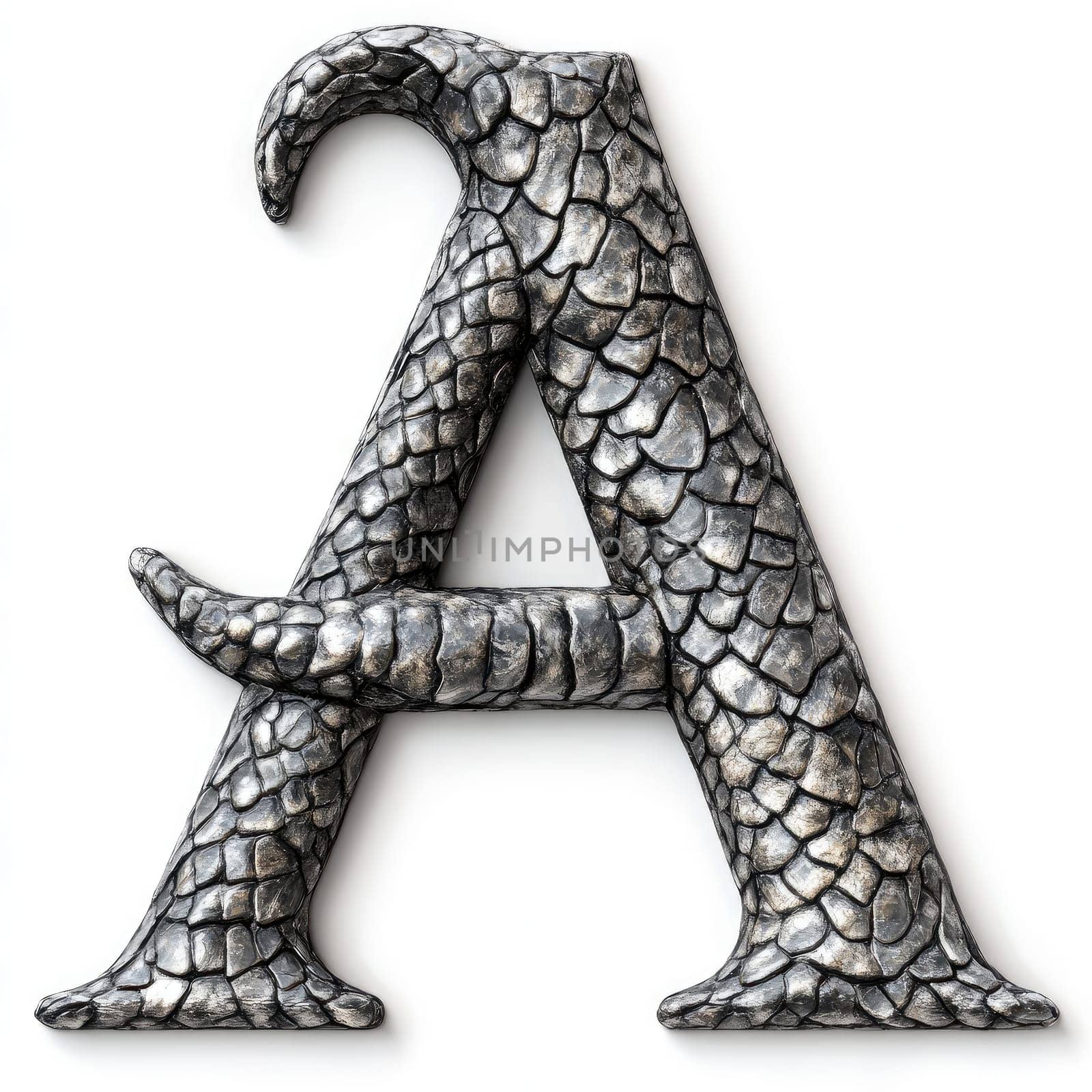 A detailed letter A featuring a reptile-like texture, showcasing intricate designs in shades of silver and gray.
