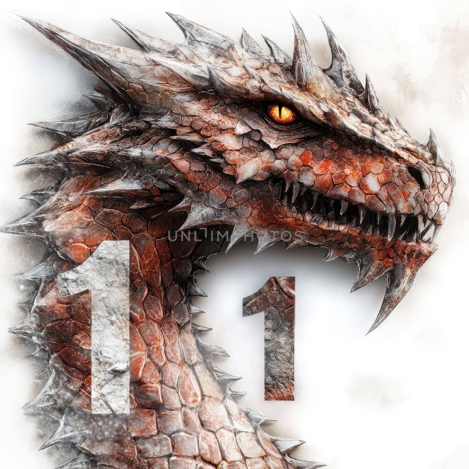 A detailed dragon head displays sharp teeth and glowing eyes, surrounded by artistic textures and the number one featured prominently.