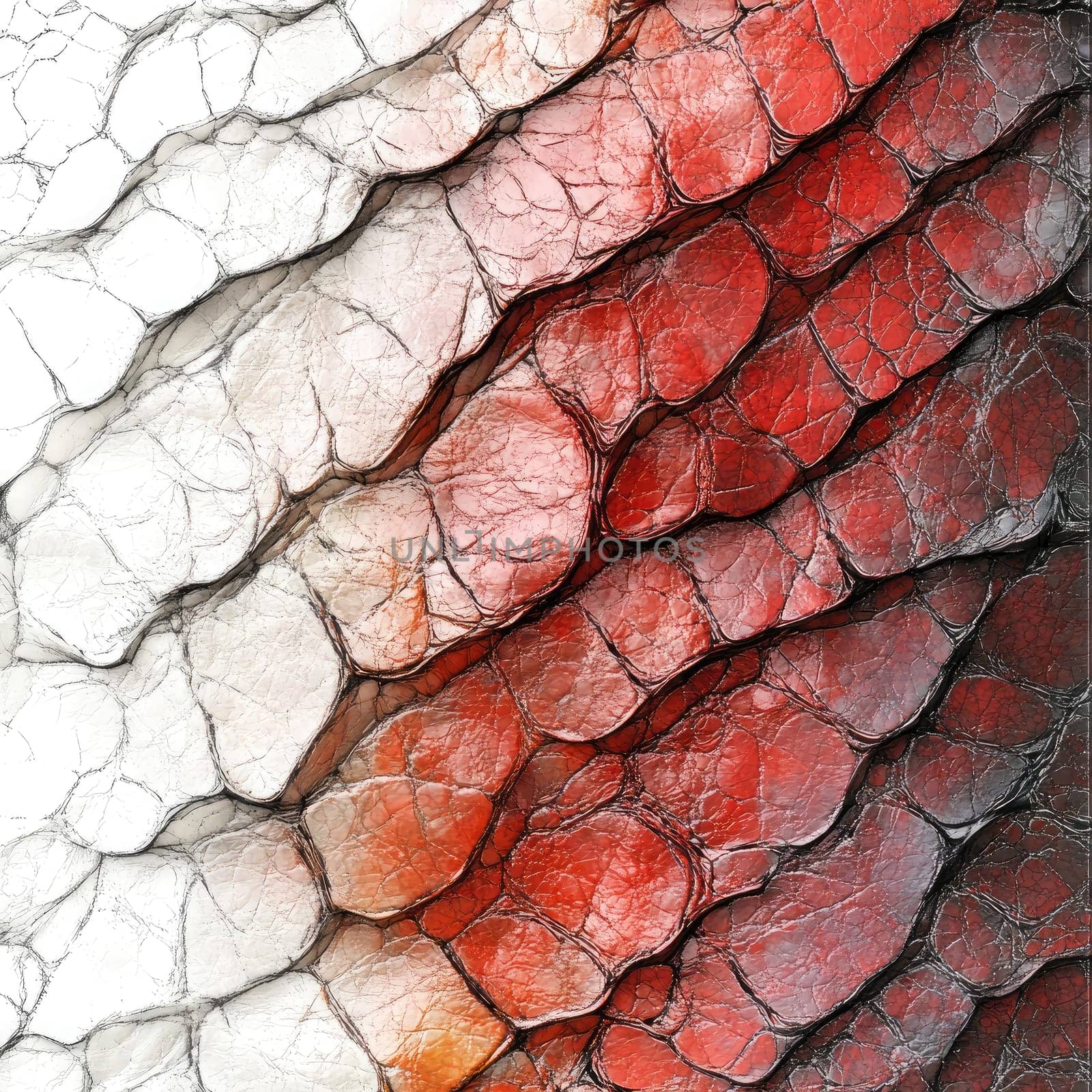Intricate patterns of reptile scales display a vivid contrast between red and white, showcasing natural textures and details.