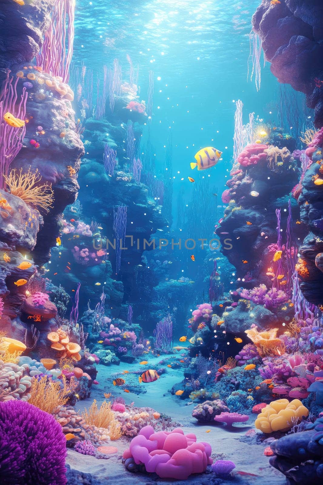 A lively underwater coral reef filled with diverse fish, corals, and aquatic plants, showcasing vibrant colors and textures in a crystal-clear ocean.