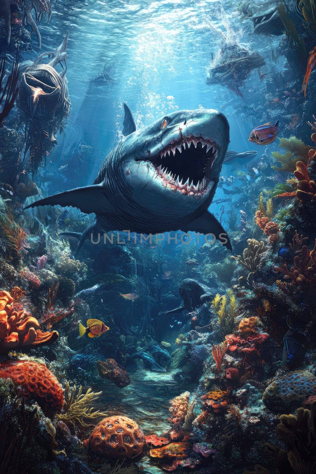 A large shark glides through a colorful coral reef, surrounded by diverse marine life and underwater plants.