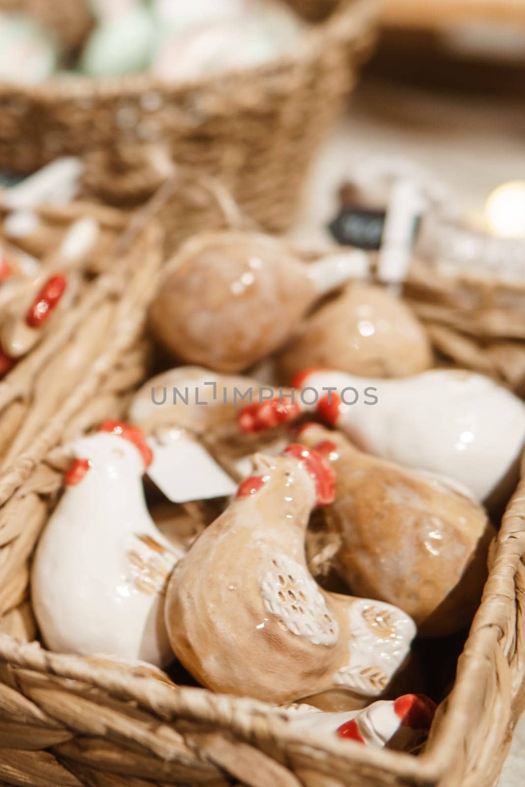 Sale of handmade ceramic Christmas tree toys at the Christmas Fair. Black Friday for the winter holidays