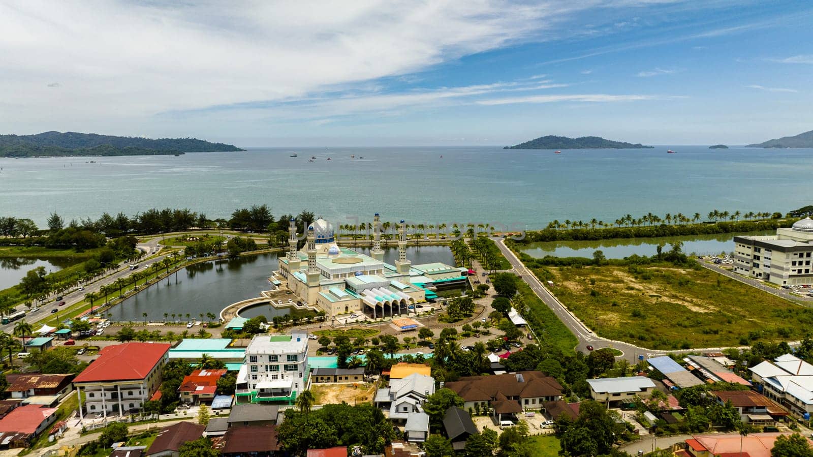 Bandaraya Kota Kinabalu mosque and sea. Sabah, Borneo. Malaysia.