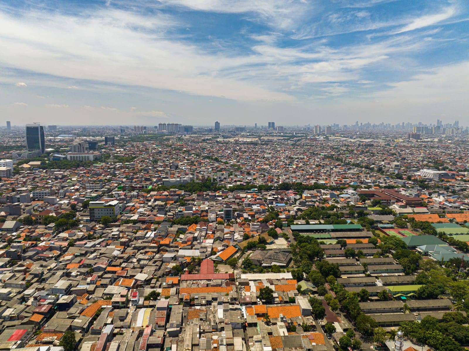 Slums with houses in Jakarta. City Landscape. Indonesia.