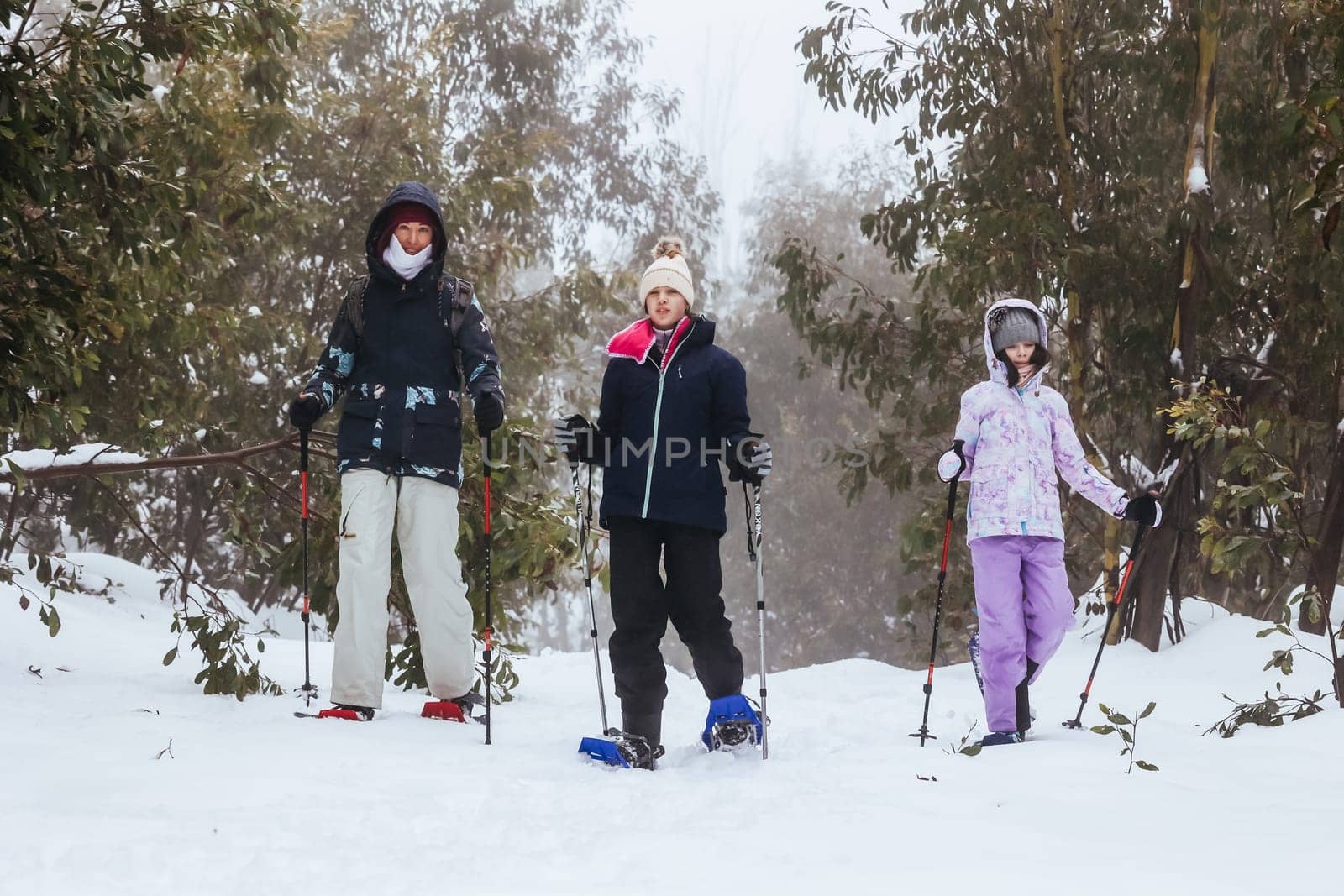 LAKE MOUNTAIN, AUSTRALIA - JULY 21: A family snowshoes together in the snow on a cold winter's day at Lake Mountain in Victoria, Australia on July 21st 2024