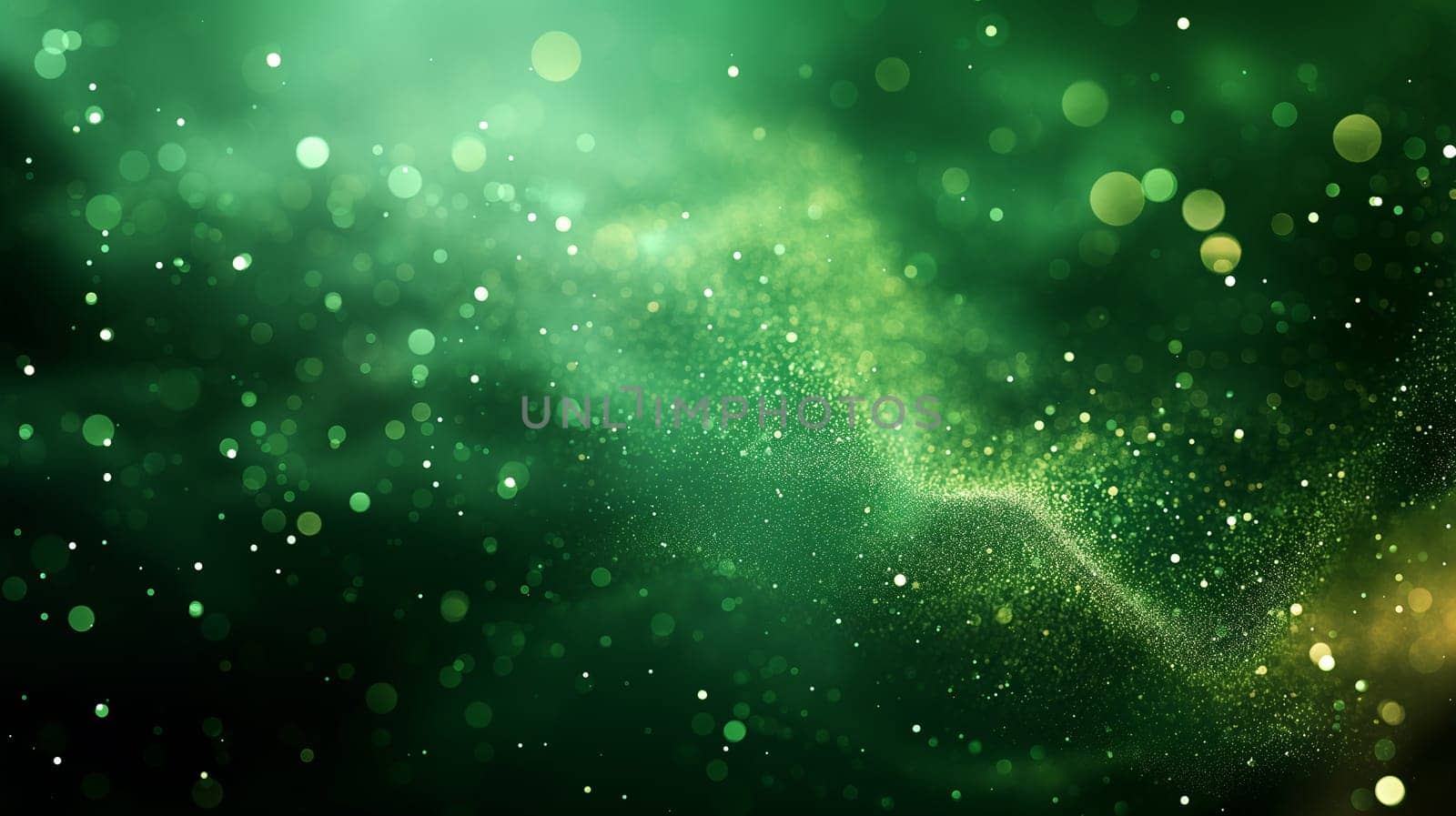 Green abstract background with sparkling bokeh particles and glittering texture