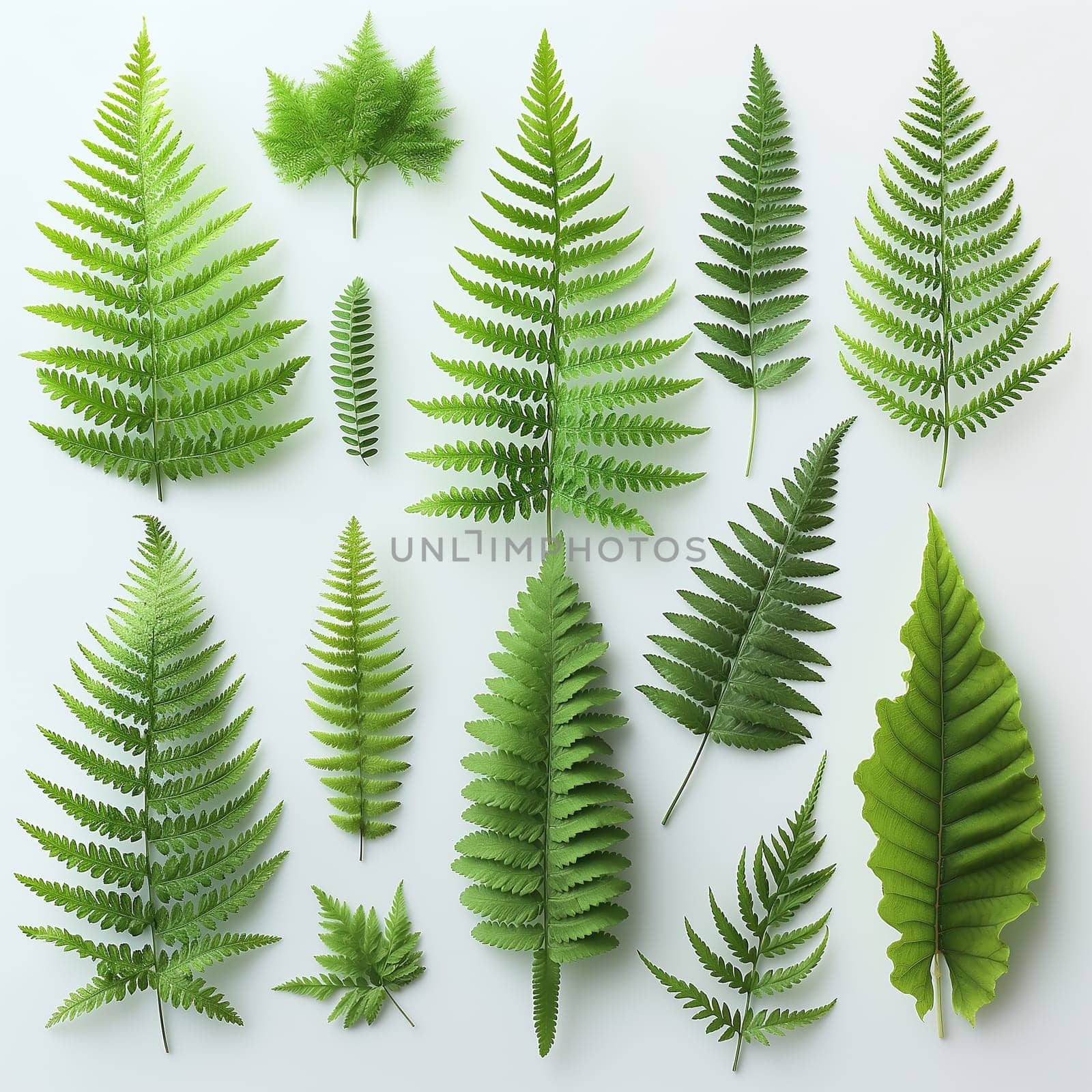 Ferns, leaves, and greenery showcasing natural foliage and plants in a botanical pattern