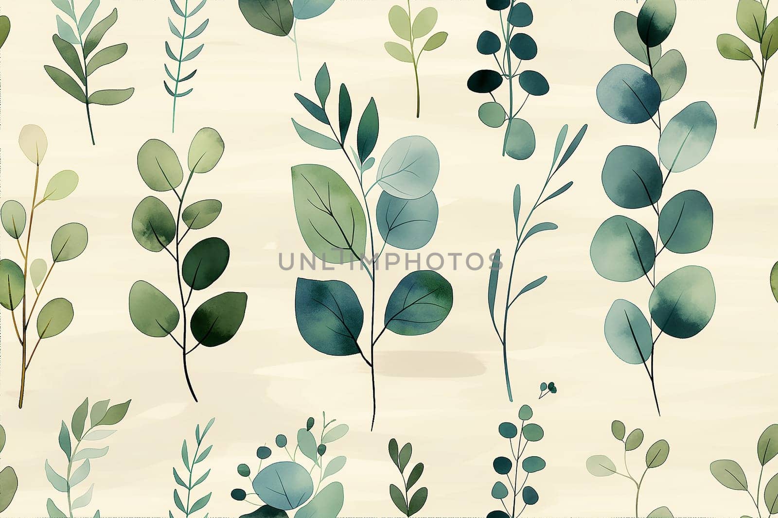 Watercolor botanical illustration showcasing green leaves pattern, perfect for nature-inspired decor