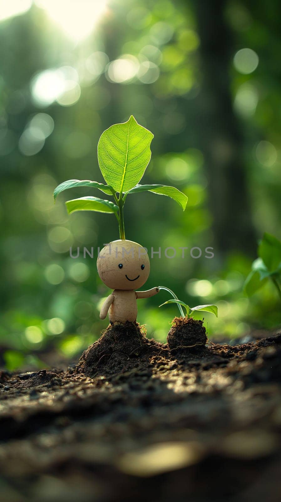 Tiny happy toy with a green leaf in a forest showing growth and nature's beauty