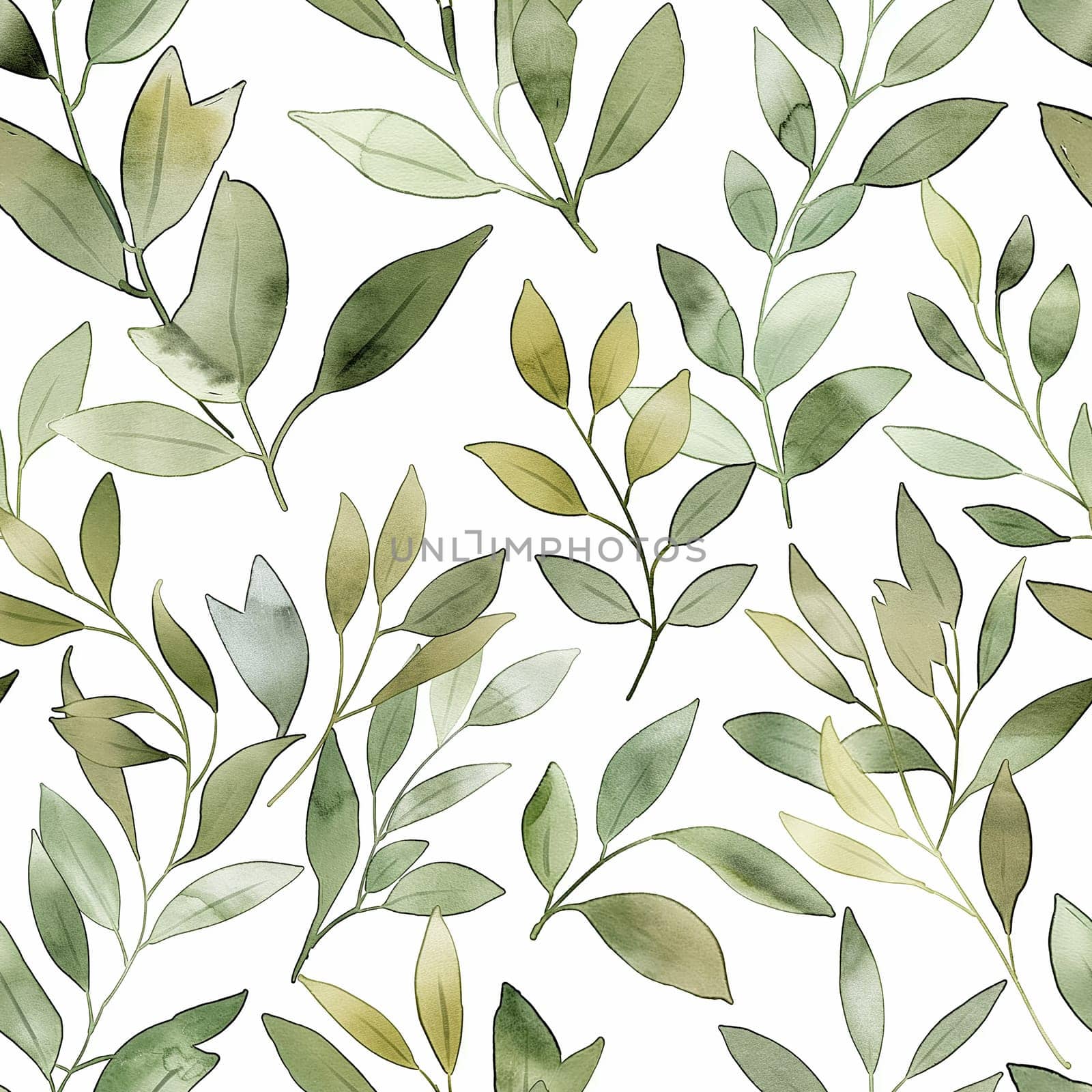 Seamless botanical pattern with watercolor leaves and greenery, ideal for nature illustration backgrounds.