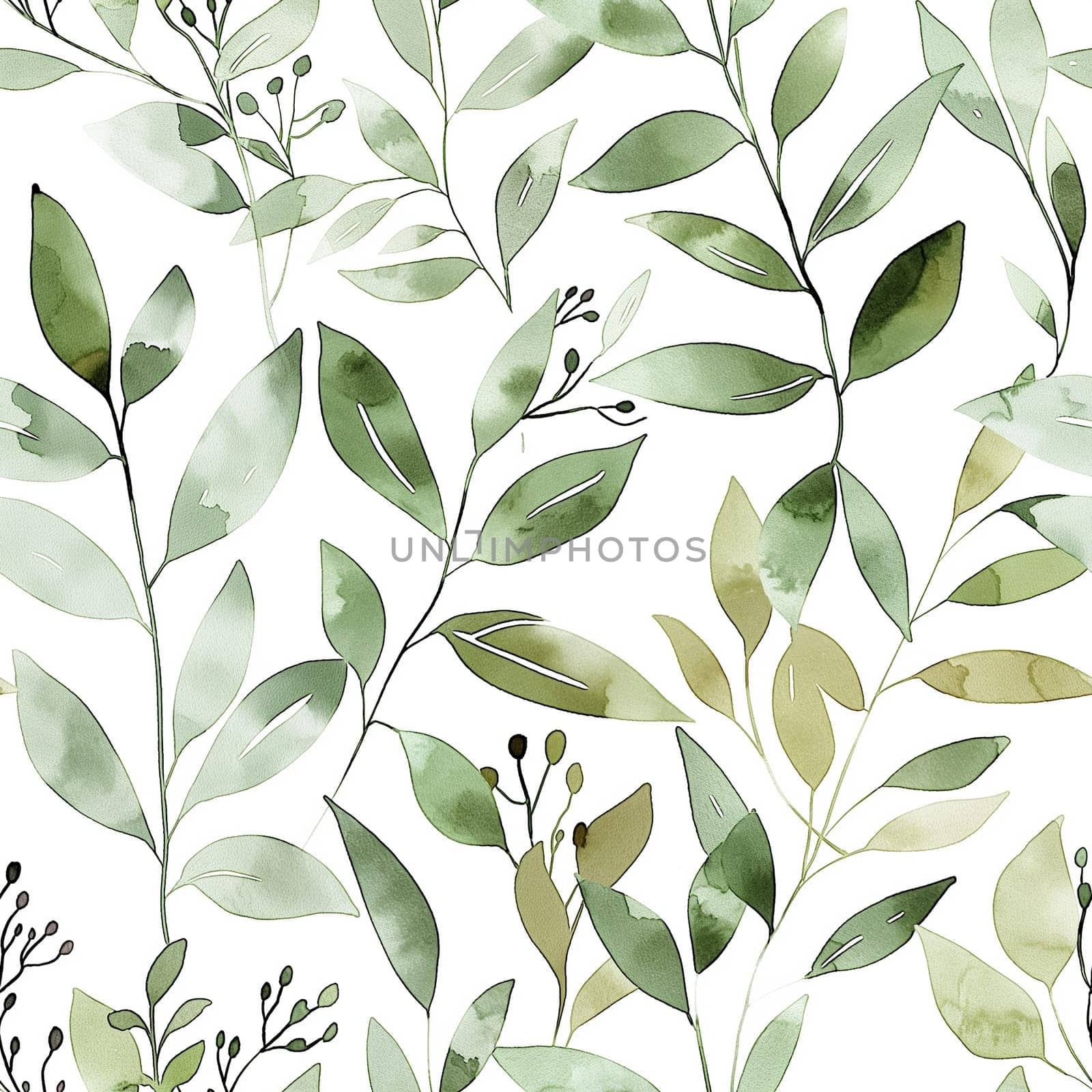 Botanical watercolor pattern with green leaves and foliage for nature-inspired decor
