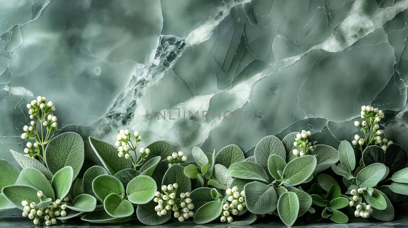 Green marble with leaves decoration, nature texture and floral pattern in a botanical design