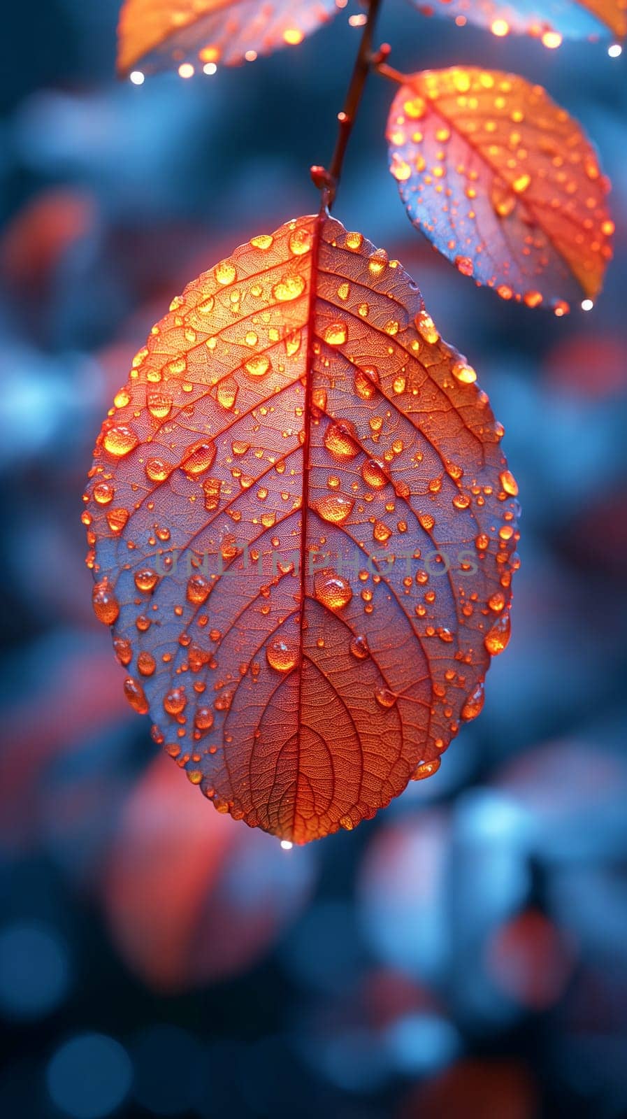 Orange leaf with dew drops in nature showcasing morning raindrops and vibrant macro texture
