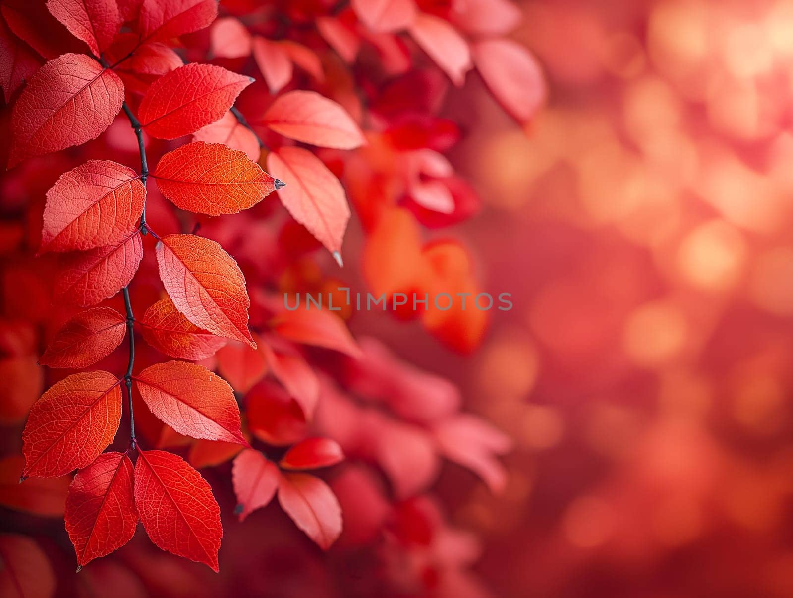 Beautiful vibrant autumn leaves with red foliage in a forest scene during fall season sunlight