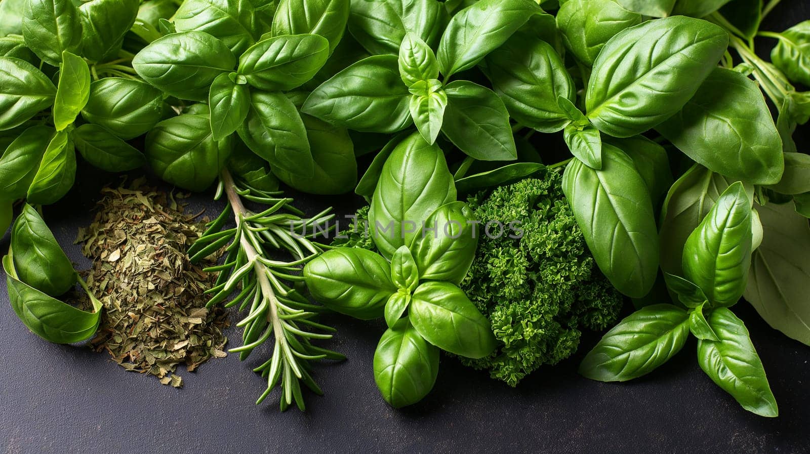 Fresh green basil, rosemary, and parsley leaves - aromatic herbs and spices from the garden.