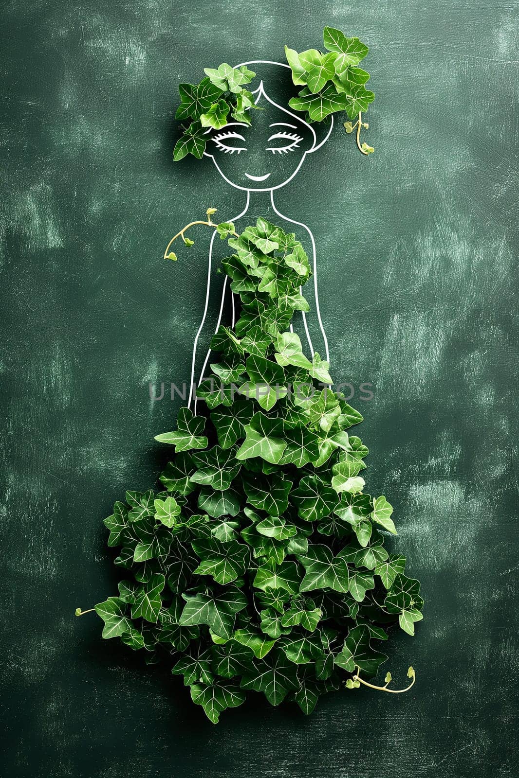 Illustration of a woman with ivy leaves dress on chalkboard - green, nature, art, and design