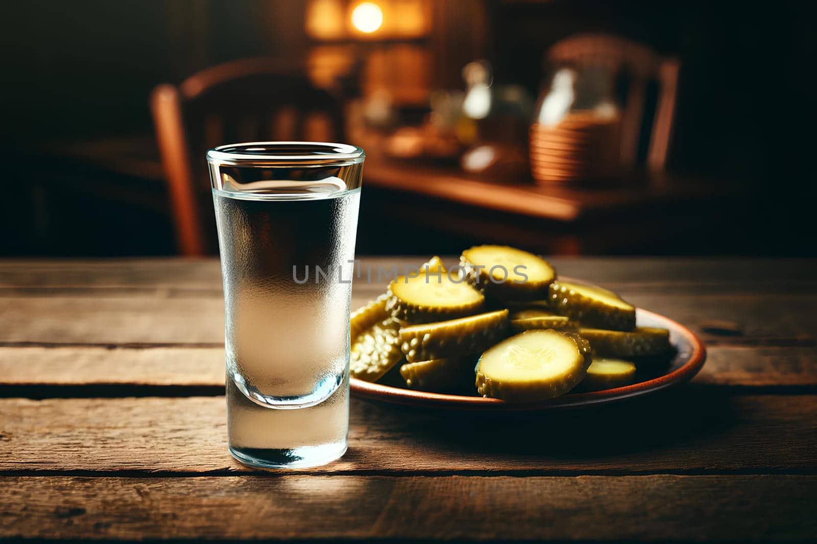 clear shot glasses of vodka and sliced pickles on a rustic wooden table.