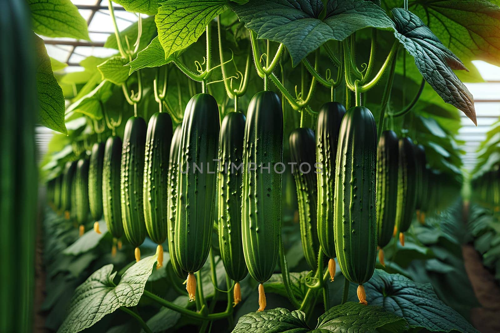 ripening long, slender Chinese cucumbers on the vine, close-up.