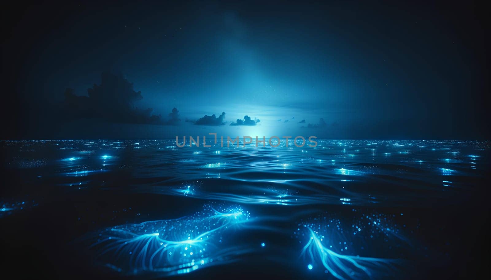 glowing marine bioluminescent plankton in the ocean at night.