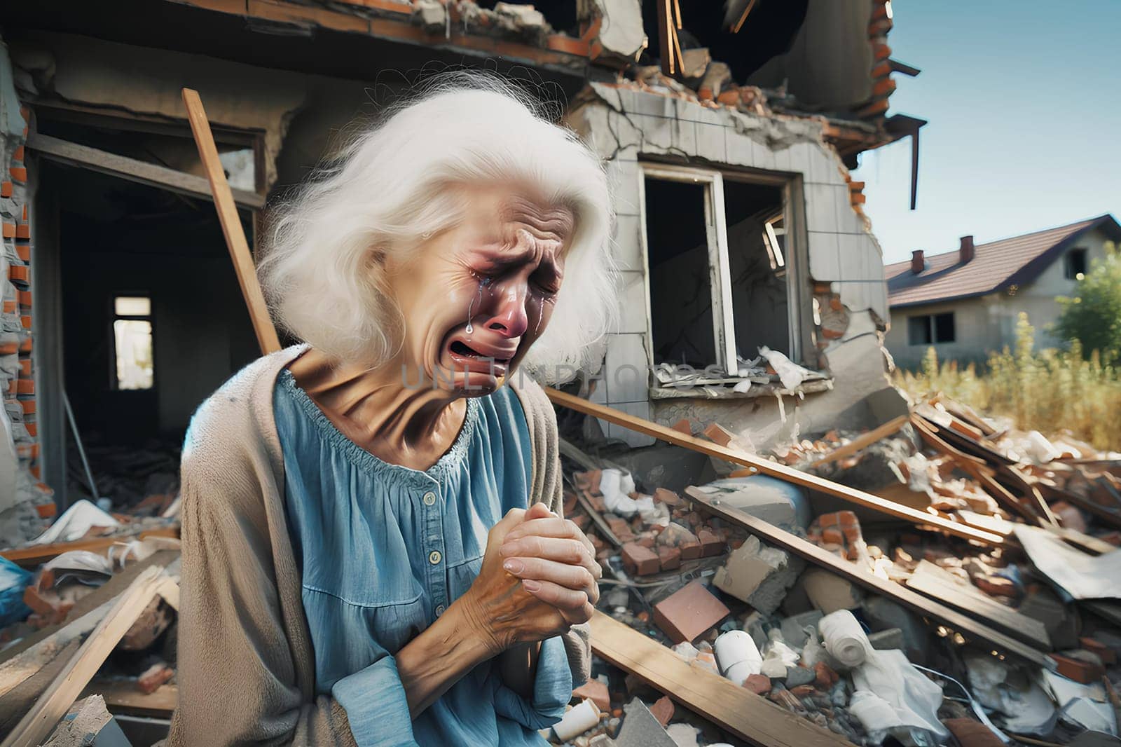 an elderly woman crying near a destroyed house.