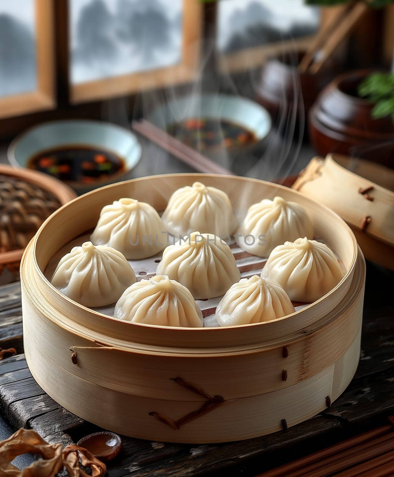 Delicious Asian Steamed Dumplings in Wooden Bamboo Basket, Aroma of Traditional Savory Cuisine