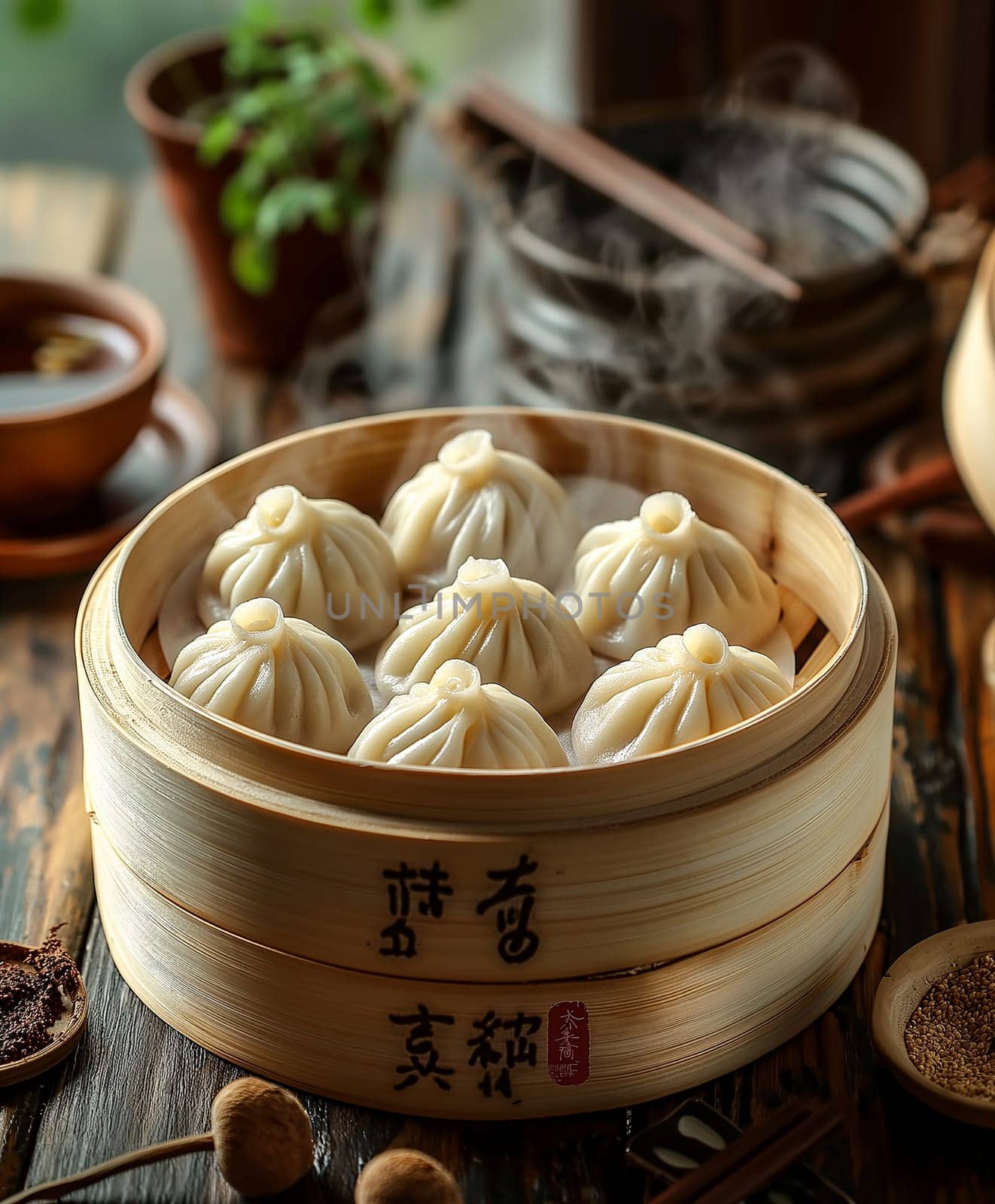 Steamed dumplings in a bamboo basket with traditional Chinese food arrangement on a wooden table