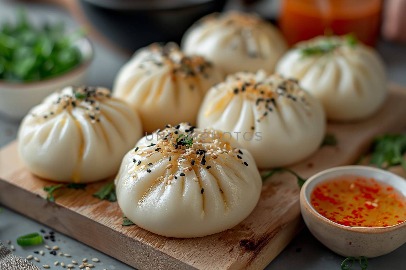 Delicious steamed dumplings with sesame garnish, a savory traditional appetizer in Asian cuisine