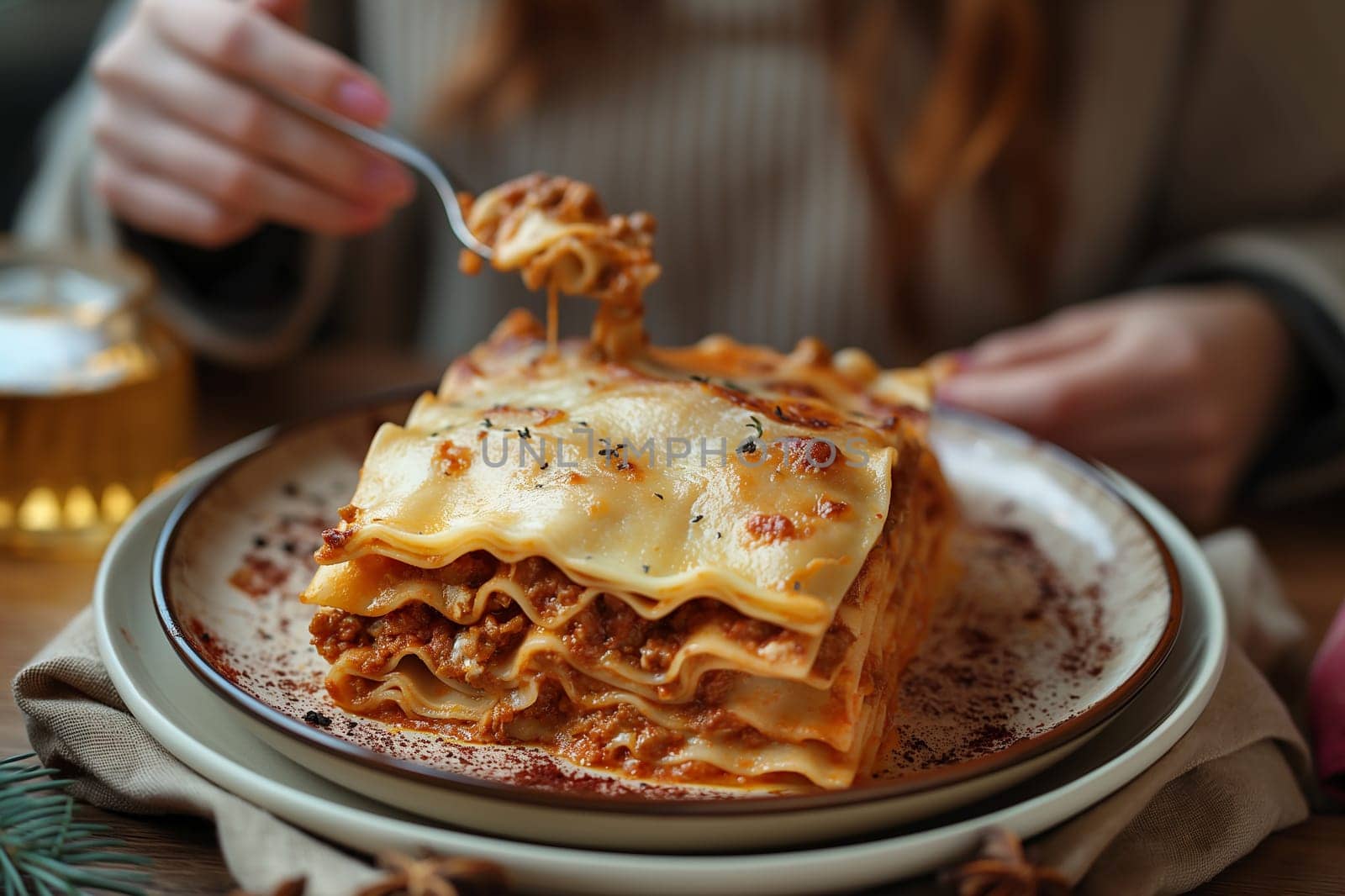 Delicious lasagna served on a table with melted cheese and pasta for a hearty Italian dinner