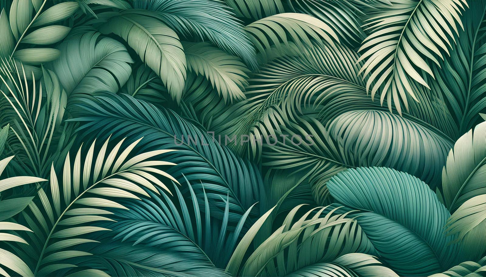 Horizontal green background featuring palm leaves.