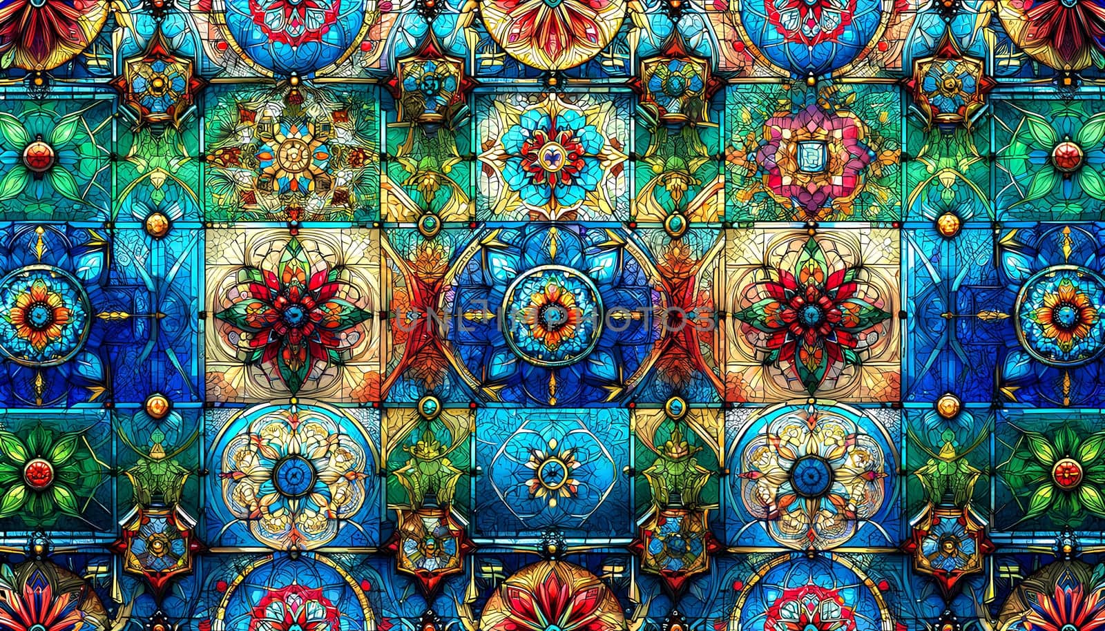A horizontal background of stained glass, featuring intricate geometric multicolor floral patterns.