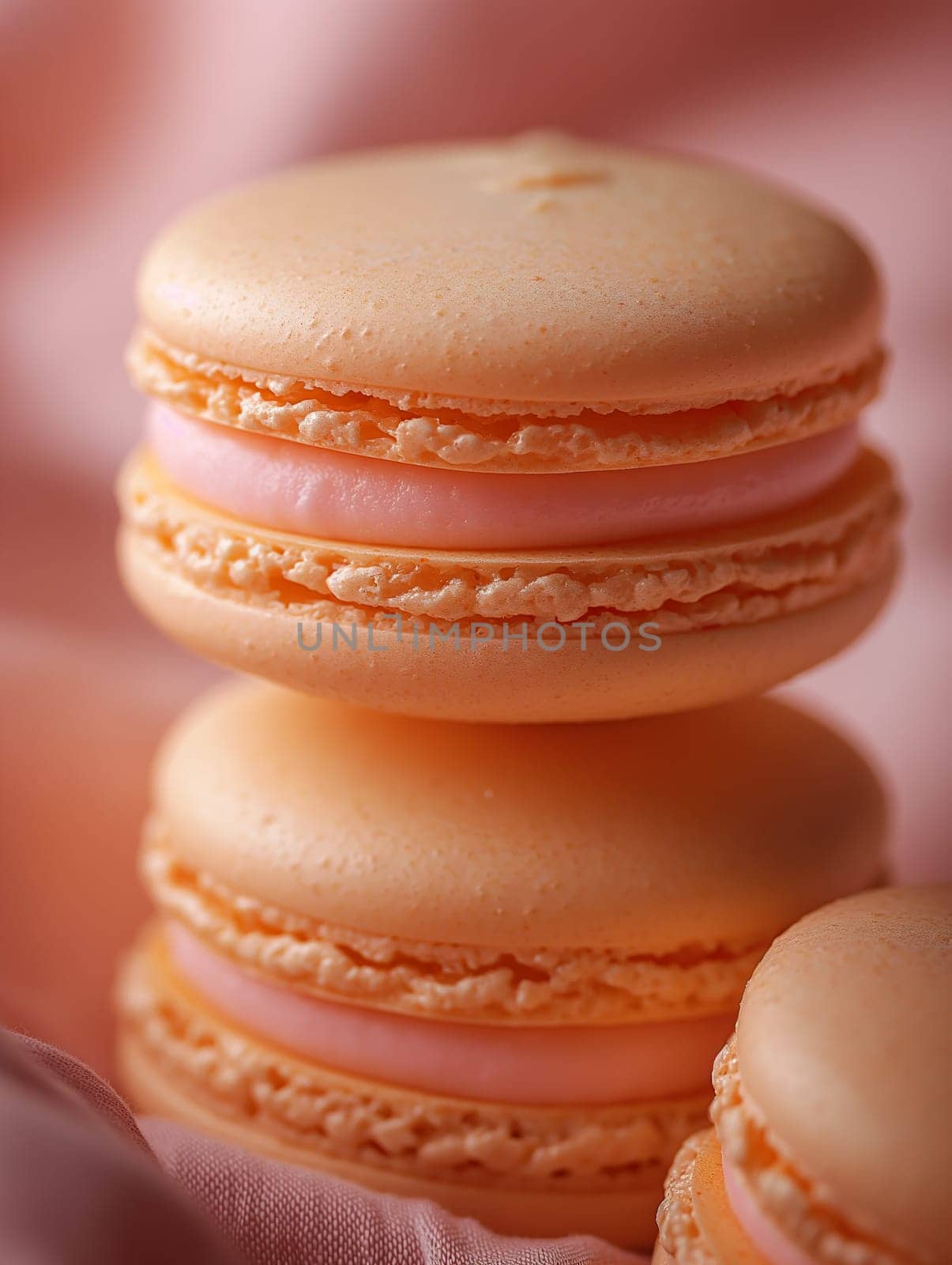 Delicious pink macarons delicately stacked, showcasing elegant French baking and sweet confection