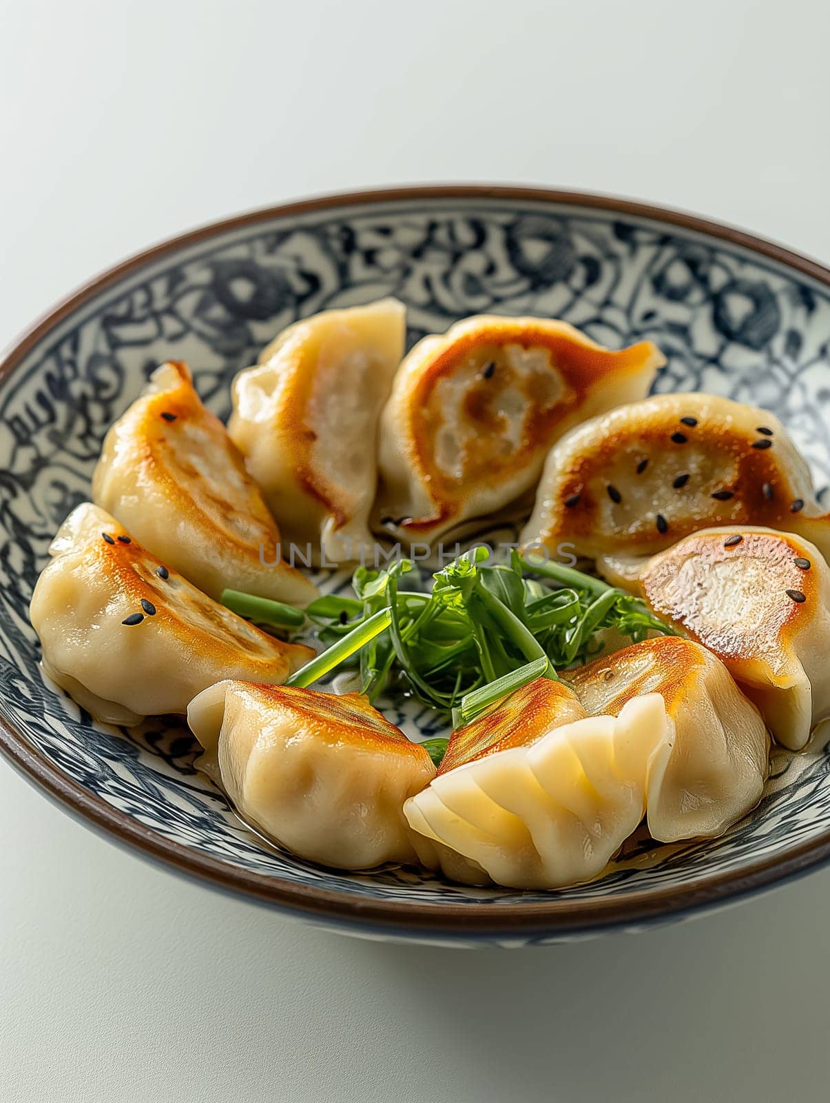 Delicious cooked dumplings served on a plate with a garnish in an elegant bowl