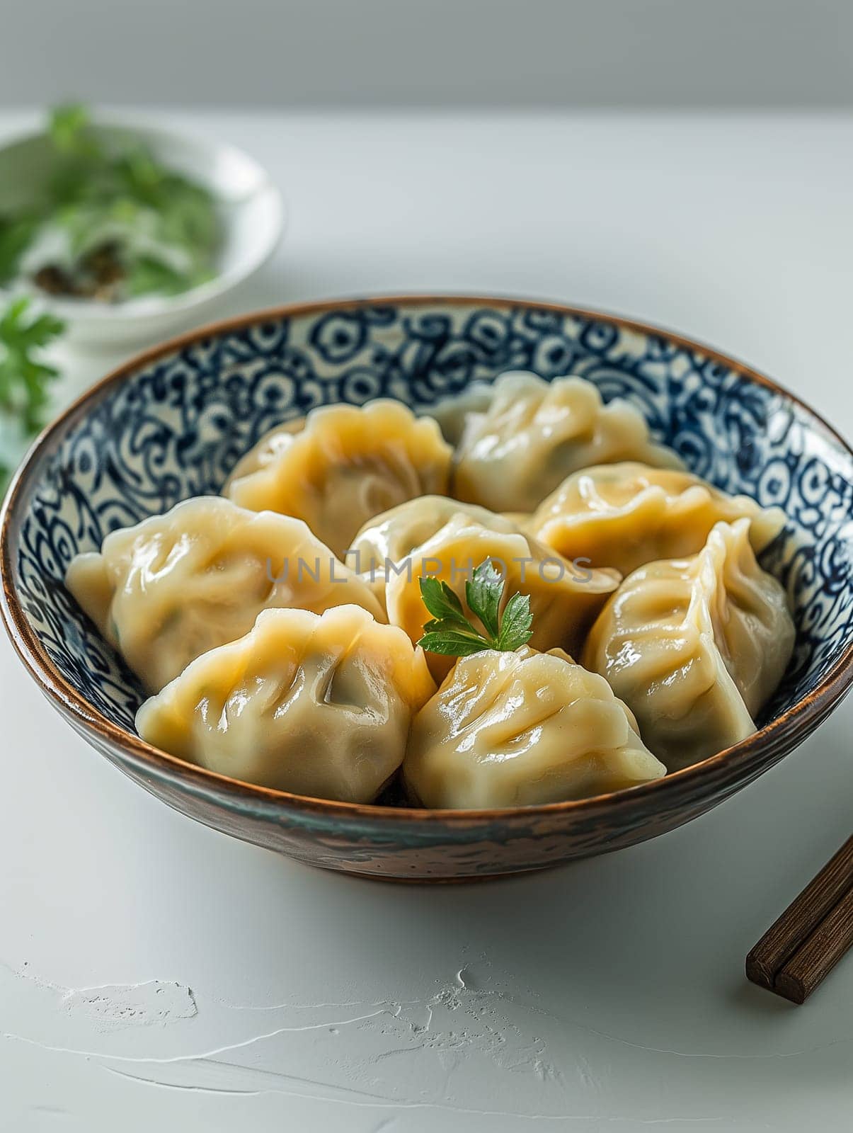 Asian dumplings in a traditional bowl with herbs on a plate, a delicious appetizer and meal