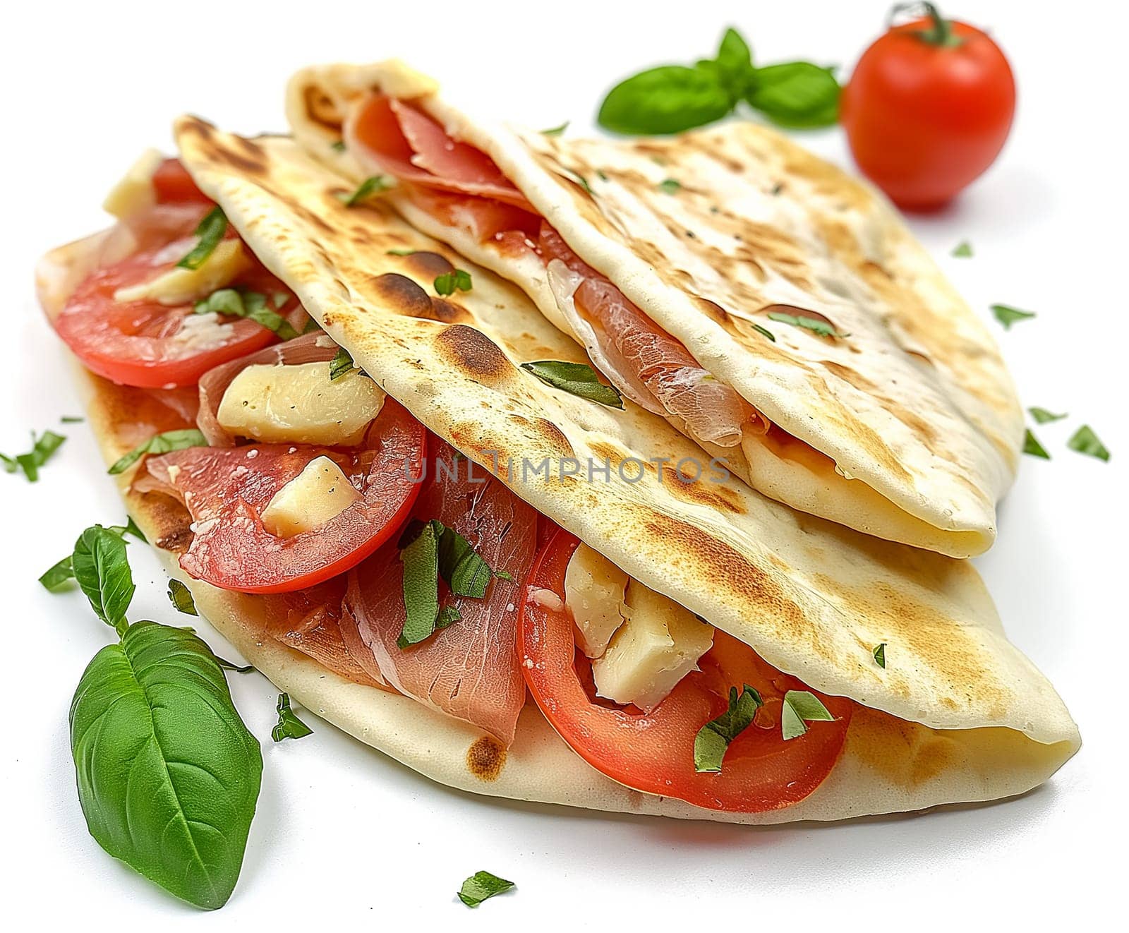 Delicious Italian piadina flatbread sandwich with tomato, basil, cheese, and prosciutto