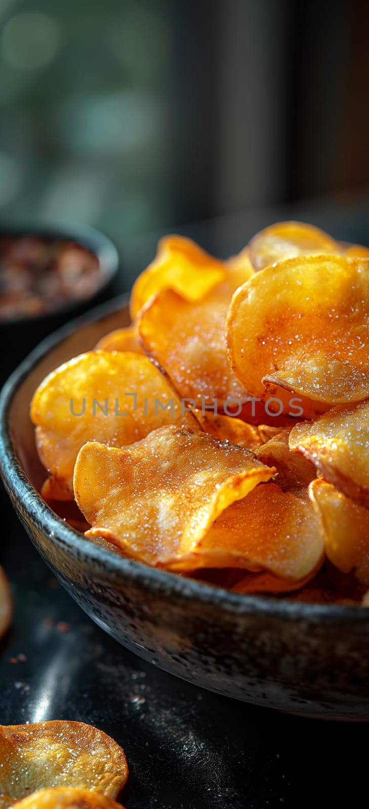 Golden crispy salted chips in a bowl, delicious fried potato snack as a perfect appetizer