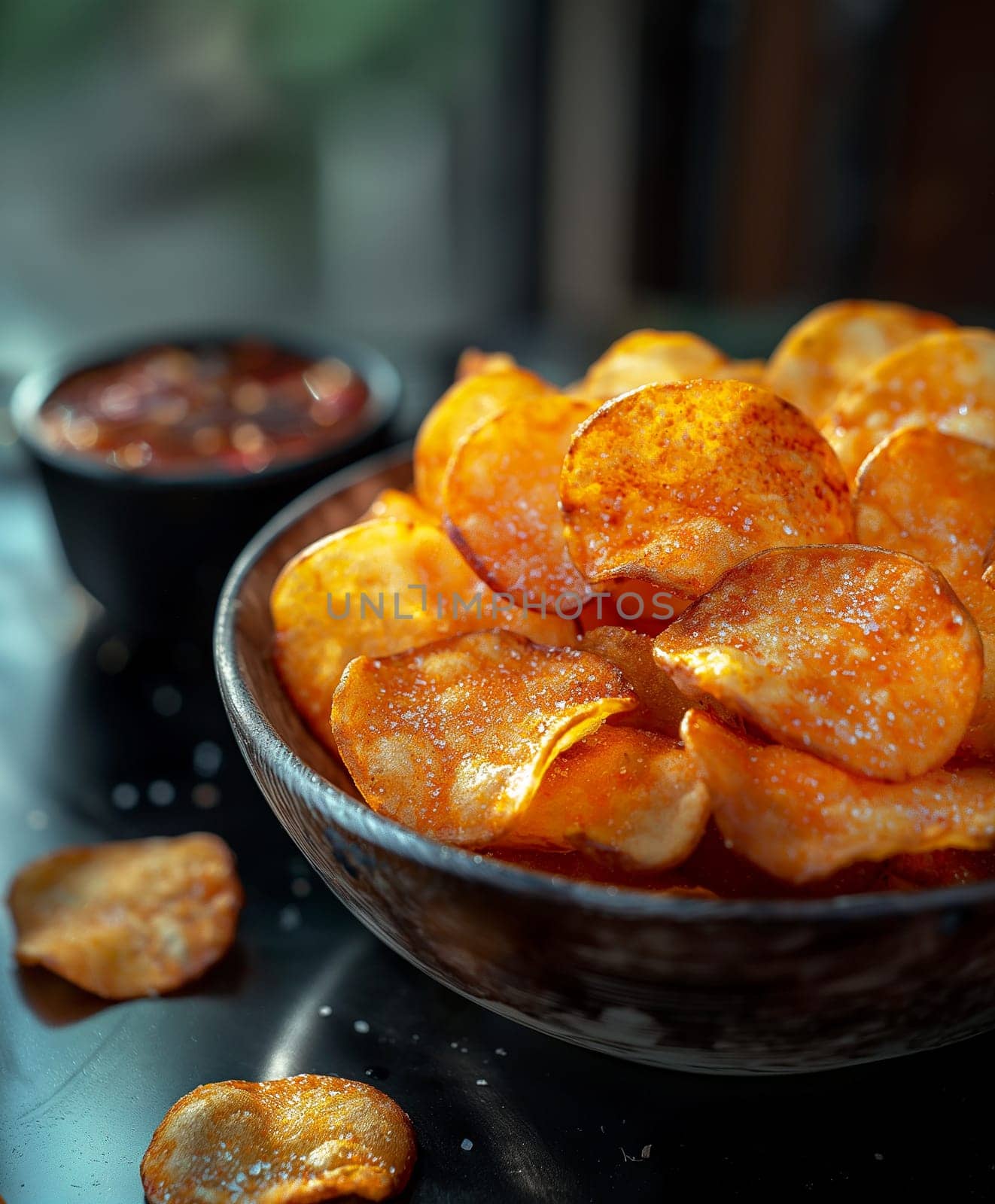 Crispy potato chips in a bowl, a delicious salted snack perfect for spicy food appetizers