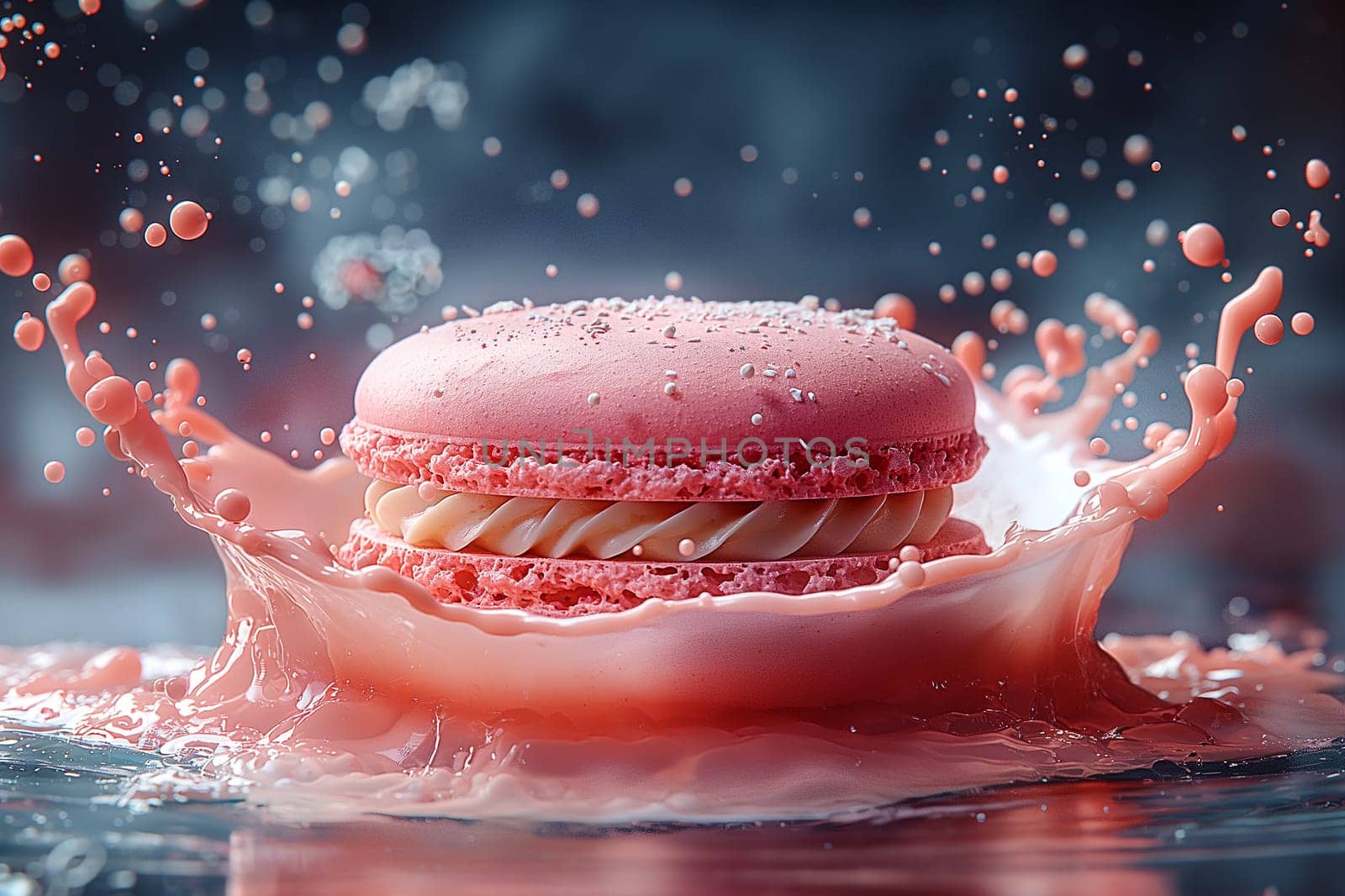 Pink macaron dessert splashing in cream with biscuit, whipped frosting, and syrup confectionery