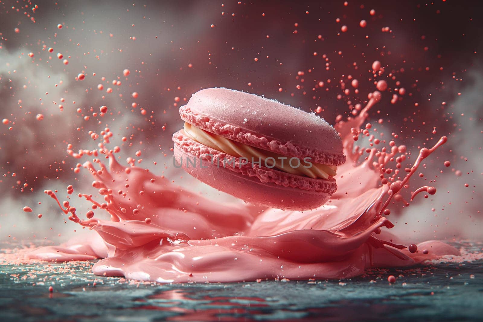 Floating pink macaron with cream frosting in an artistic splash with clouds of sugar