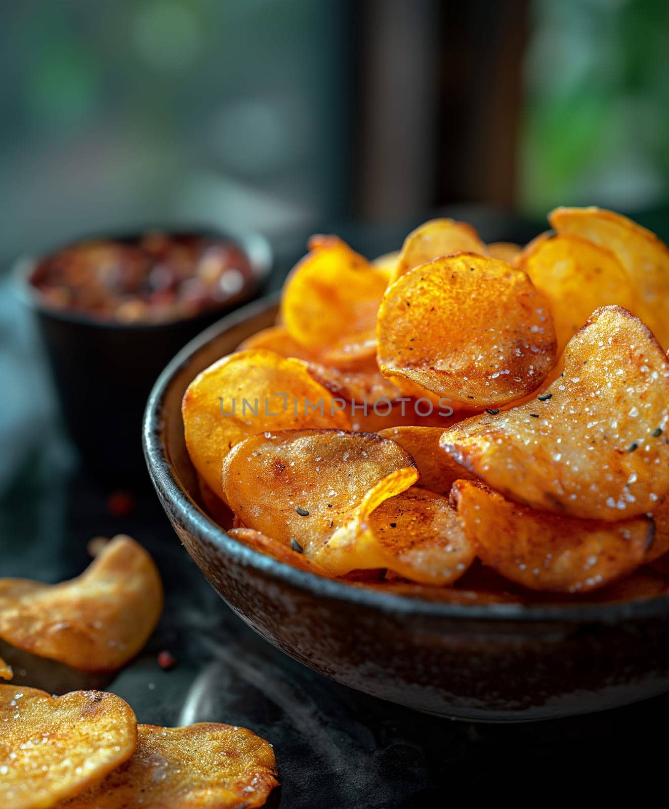 A bowl of crispy, salted potato chips that look delicious and yummy as a snack or appetizer
