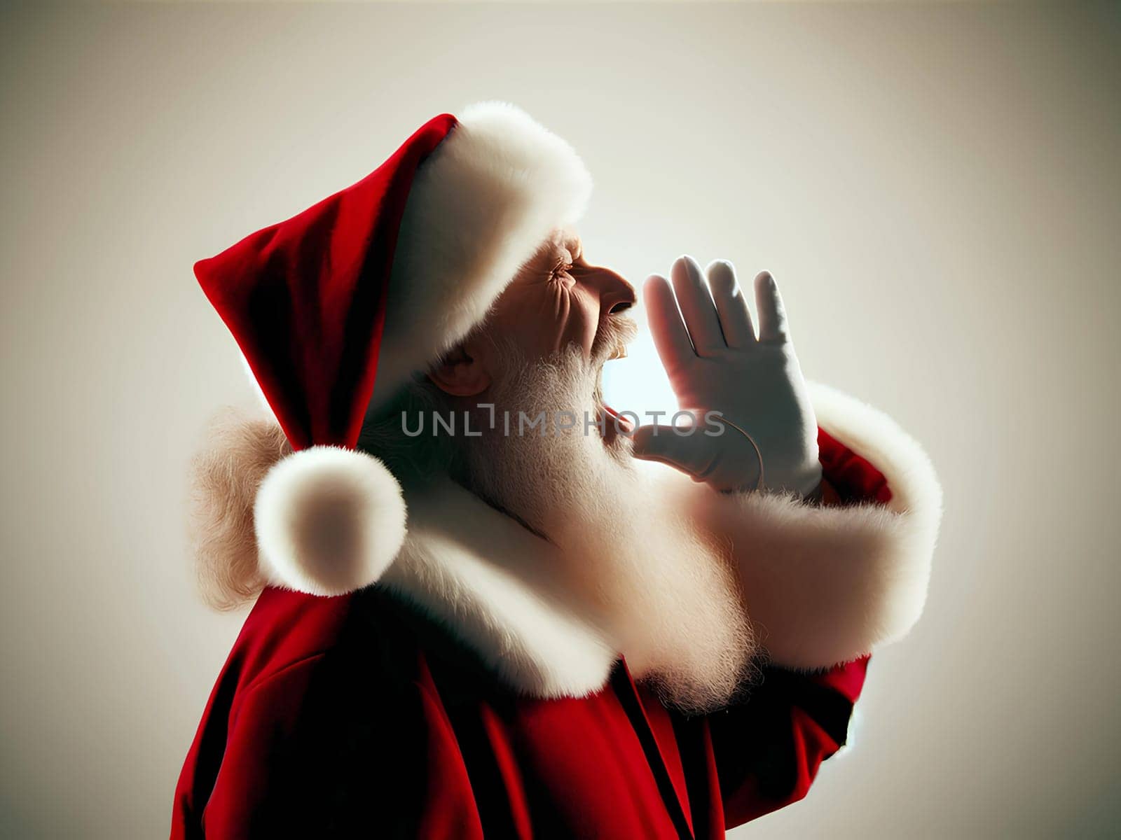 Santa Claus with his mouth wide open shouting, side view
