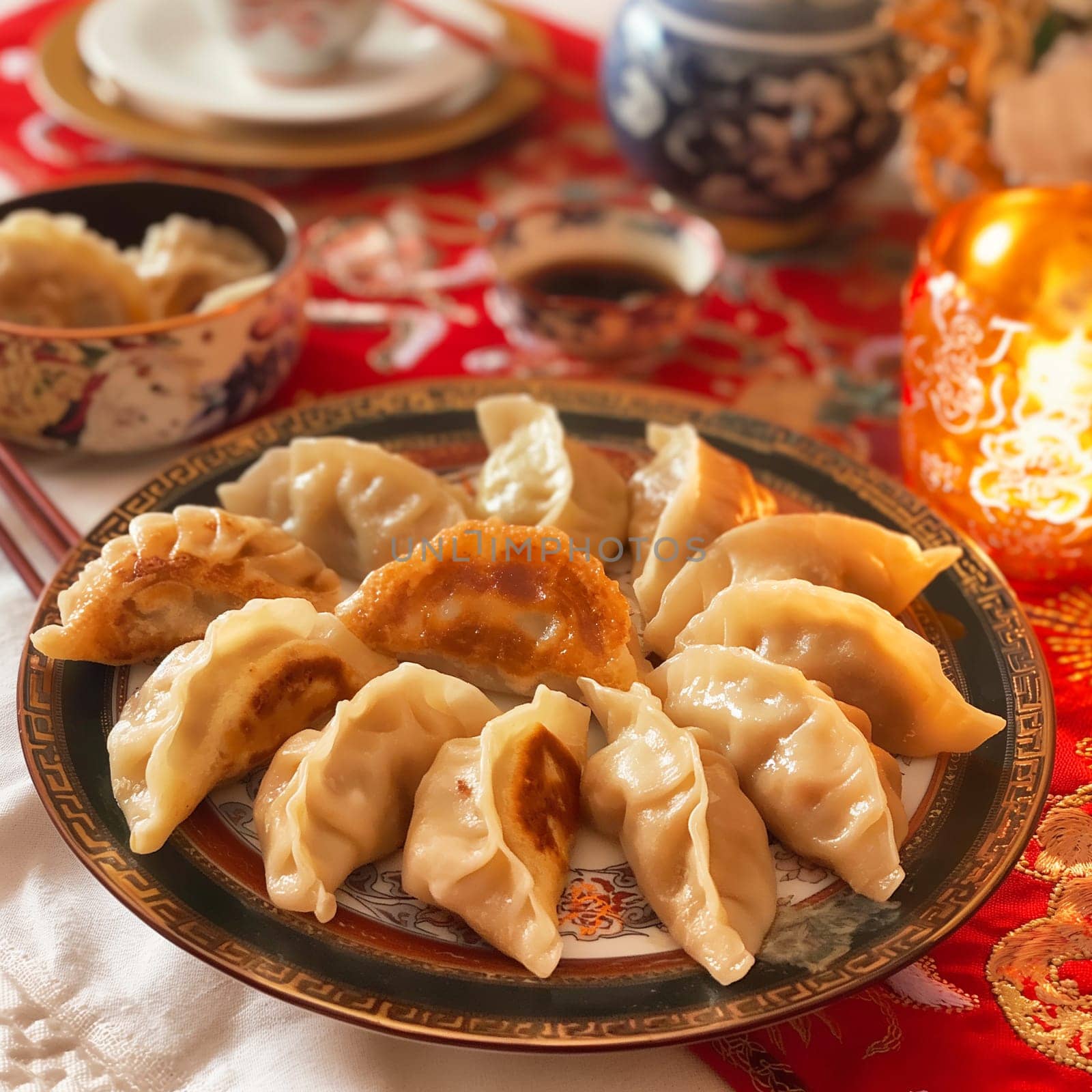 Traditional Chinese cuisine with dumplings on a plate, table includes ceramic tableware